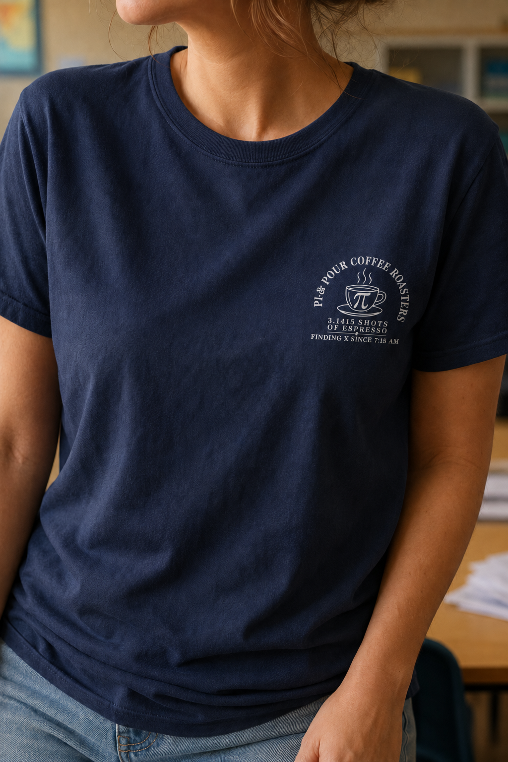 Bella + Canvas 3001 unisex t-shirt in Navy featuring a white Pi & Pour Coffee Roasters pocket-style graphic with a steaming coffee mug displaying the pi symbol and the phrases "3.1415 Shots of Espresso" and "Finding X Since 7:15 AM." A funny math teacher shirt perfect for educators, STEM teachers, and coffee lovers.