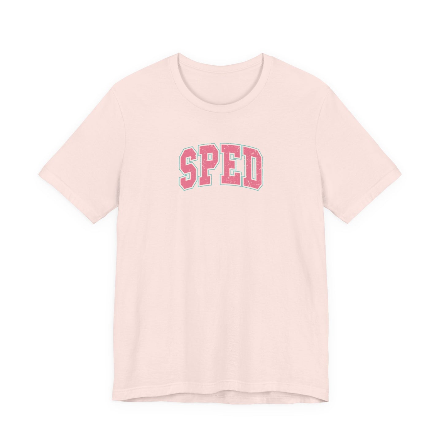 Bella + Canvas 3001 unisex t-shirt in Soft Pink featuring a distressed retro varsity-style "SPED" graphic in pink with a teal outline. A stylish special education teacher tee for SPED educators, intervention specialists, classroom staff, and Teacher Appreciation Week.