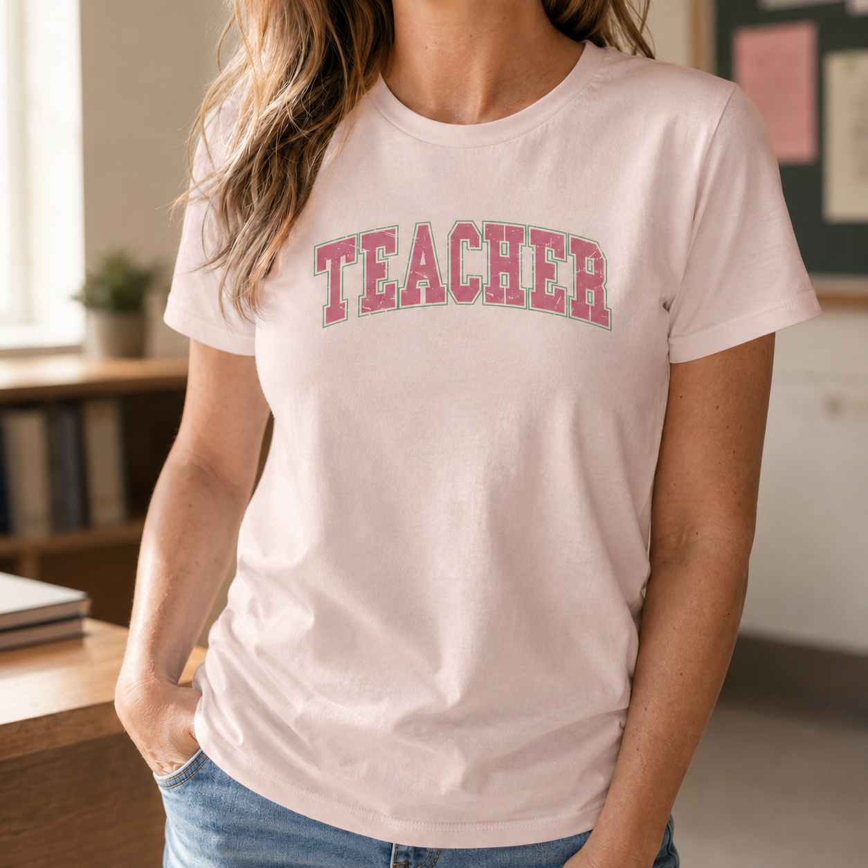 Bella + Canvas 3001 unisex t-shirt in Soft Pink featuring a distressed varsity-style "Teacher" graphic in pink with a mint green outline. A cute teacher graphic tee perfect for educators, classroom wear, back-to-school outfits, teacher appreciation gifts, and everyday casual style.