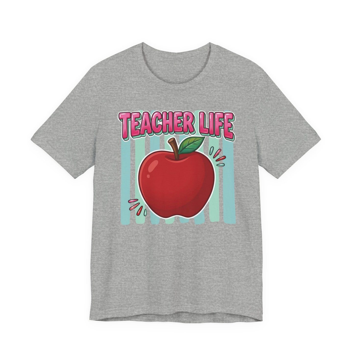 Bella + Canvas 3001 unisex t-shirt in athletic heather gray featuring a colorful Teacher Life design with a bright red apple, pink retro lettering, and teal striped background. Fun teacher appreciation shirt displayed on a soft heather gray tee against a clean white background.