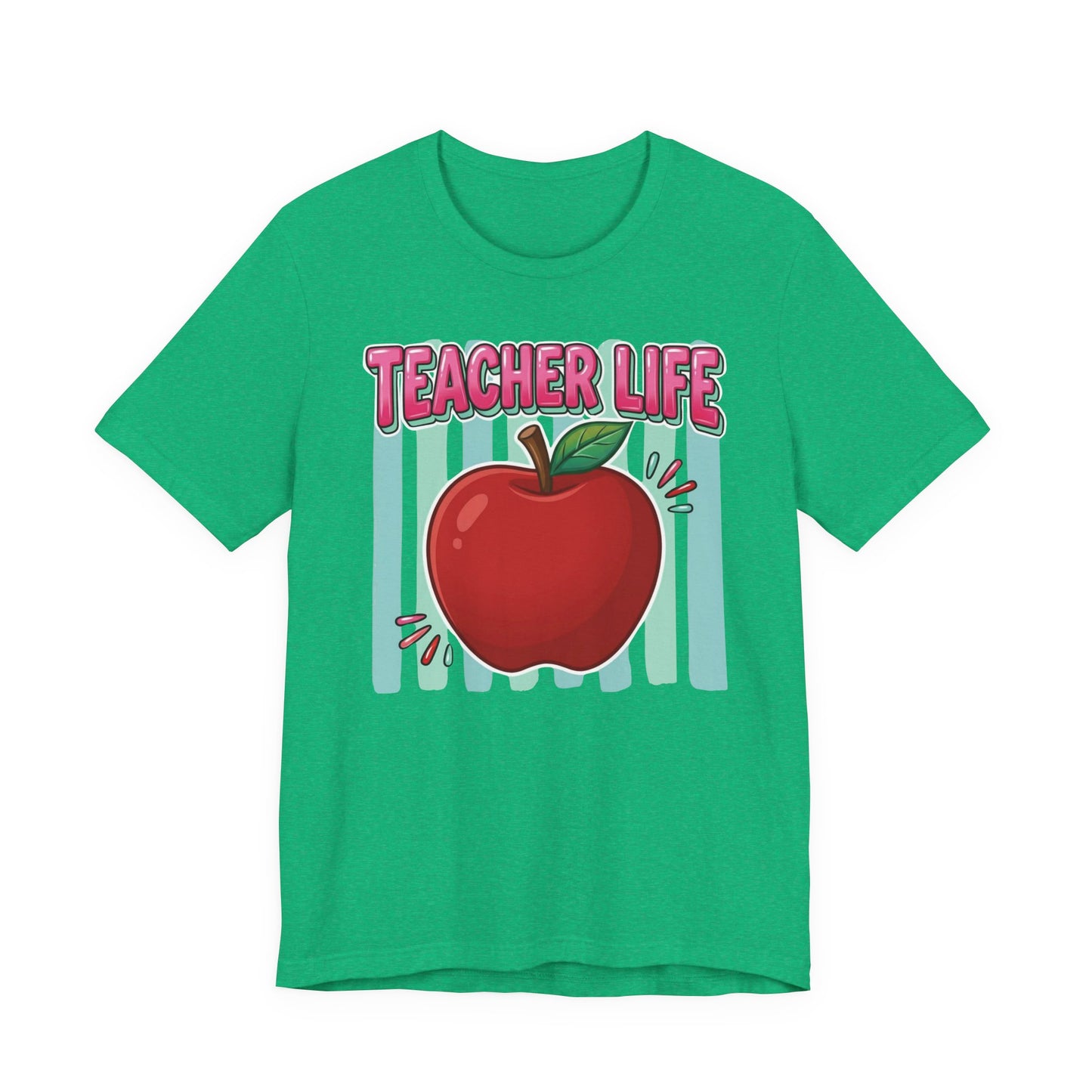 Bella + Canvas 3001 unisex t-shirt in heather kelly green featuring a colorful Teacher Life design with a bright red apple, pink retro lettering, and teal striped background. Vibrant teacher shirt displayed on a heather kelly green tee against a clean white background.