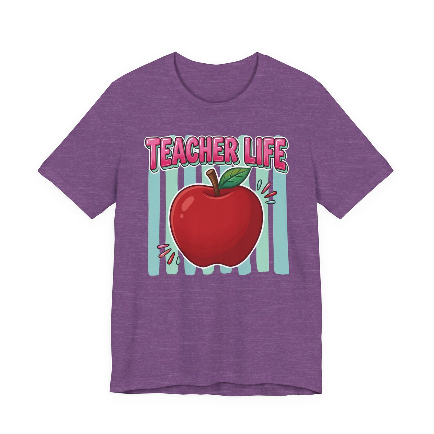 Bella + Canvas 3001 unisex t-shirt in heather team purple featuring a colorful Teacher Life design with a bright red apple, pink retro lettering, and teal striped background. Fun teacher shirt displayed on a heather purple tee against a clean white background.
