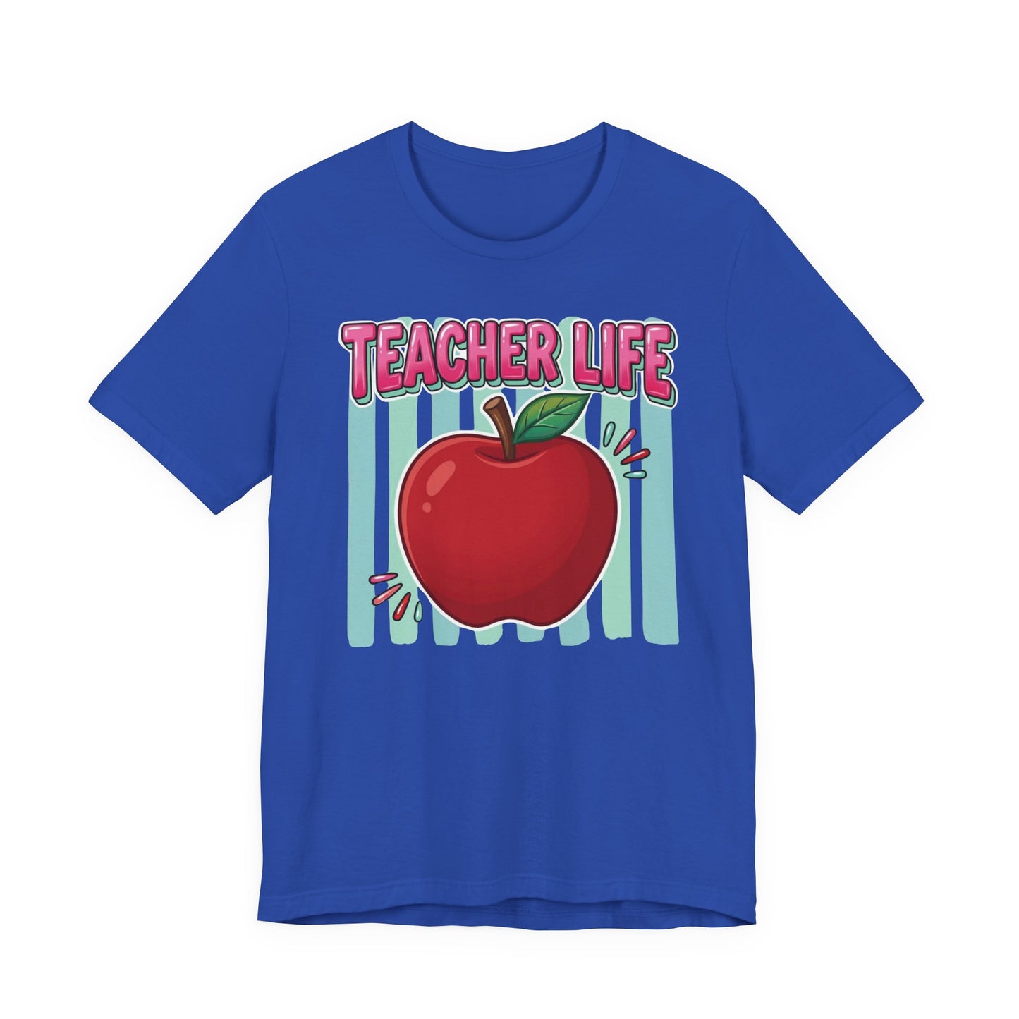 Bella + Canvas 3001 unisex t-shirt in true royal blue featuring a colorful Teacher Life design with a bright red apple, pink retro lettering, and teal striped background. Bold teacher shirt displayed on a vibrant royal blue tee against a clean white background.