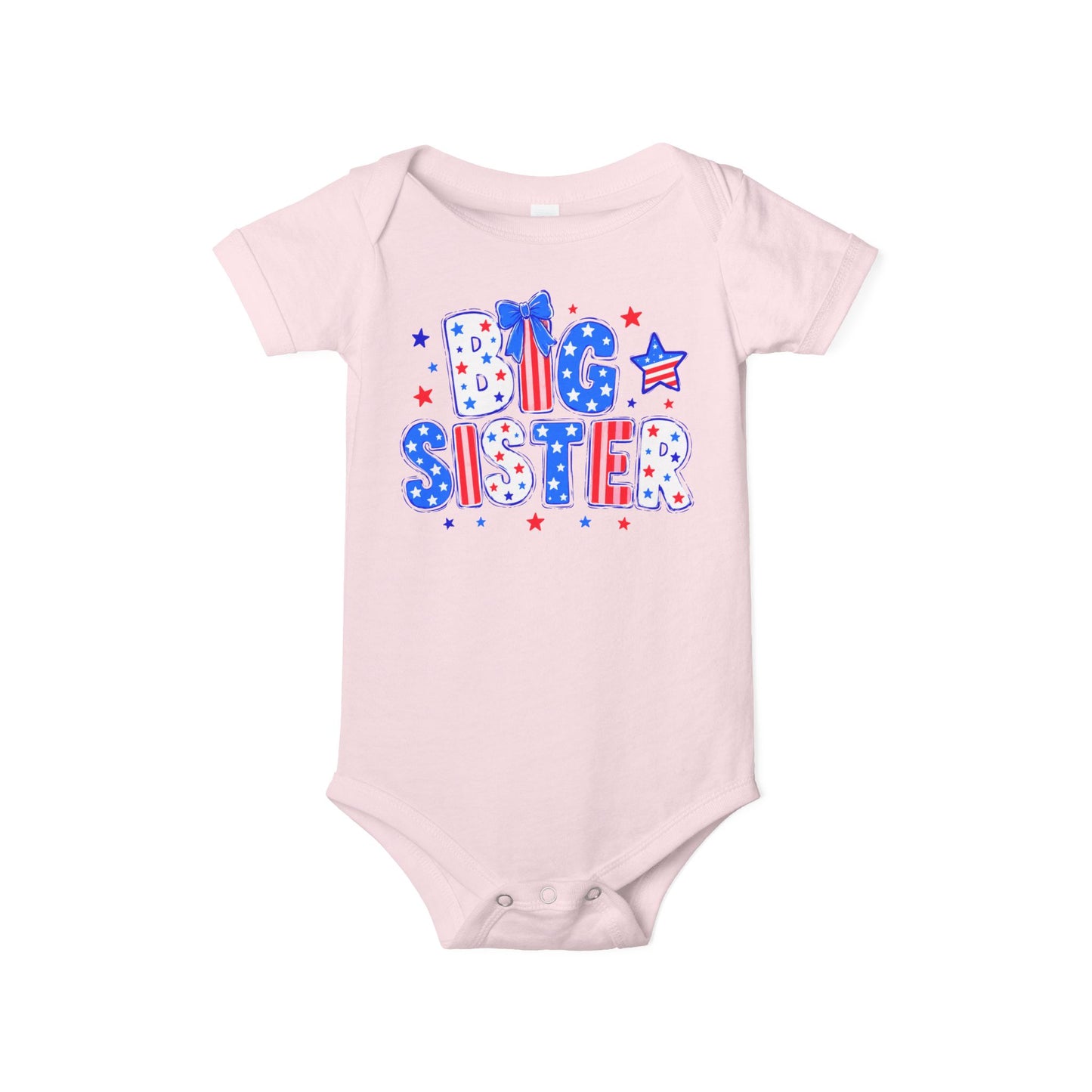 Light pink Bella + Canvas 100B infant bodysuit featuring a patriotic “Big Sister” graphic in red, white, and blue with stars, striped lettering, and bow detail for Fourth of July sibling outfits.