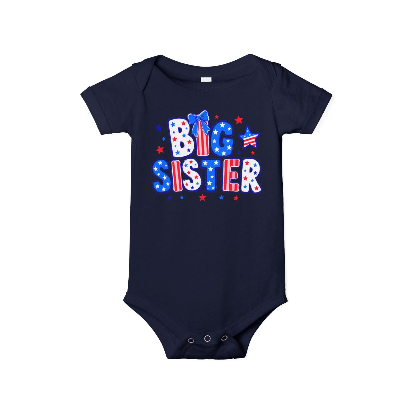 Navy Bella + Canvas 100B infant bodysuit featuring a patriotic “Big Sister” graphic in red, white, and blue with stars, striped lettering, and bow detail for Fourth of July sibling outfits.
