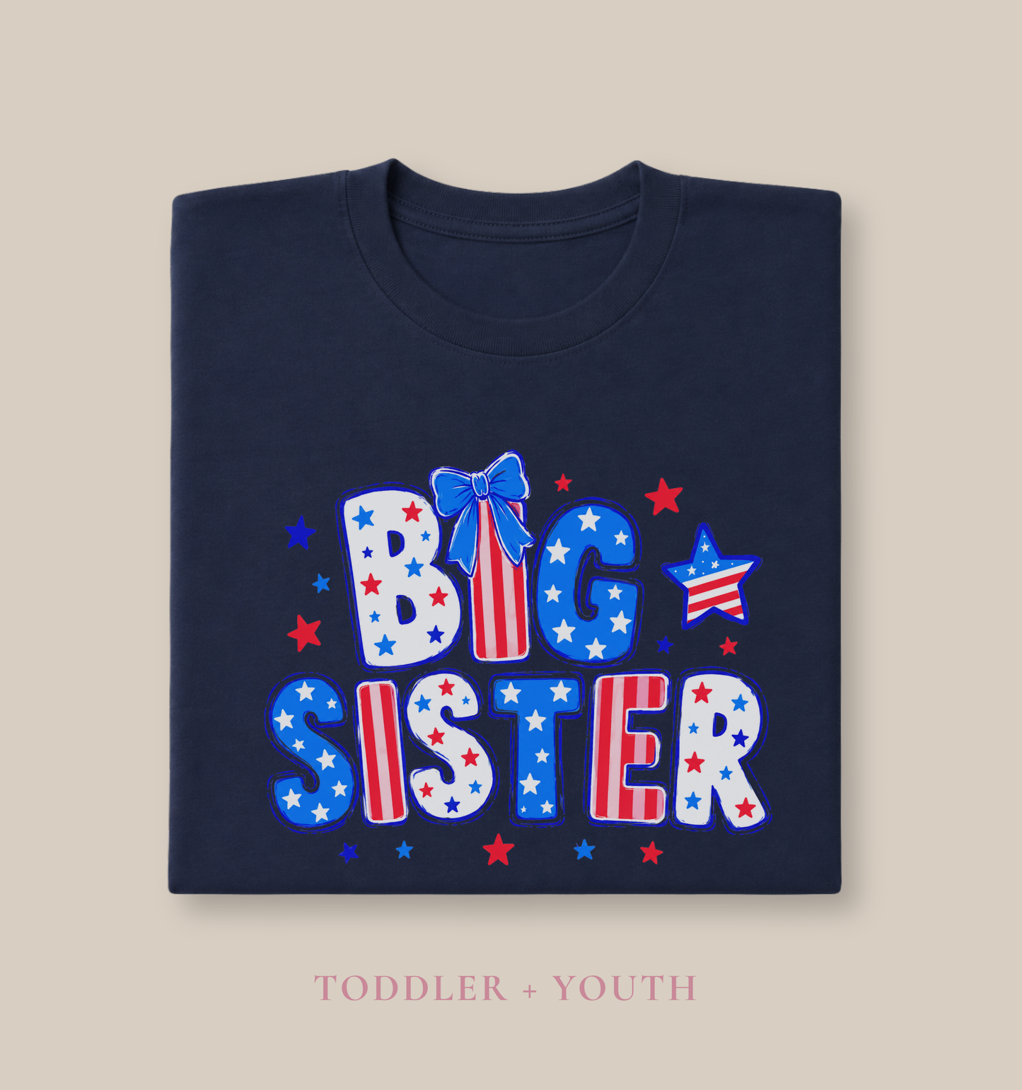 Bella + Canvas toddler and youth navy blue t-shirt featuring a patriotic “Big Sister” graphic with red, white, and blue striped lettering, stars, and a blue bow accent in a festive Fourth of July style.