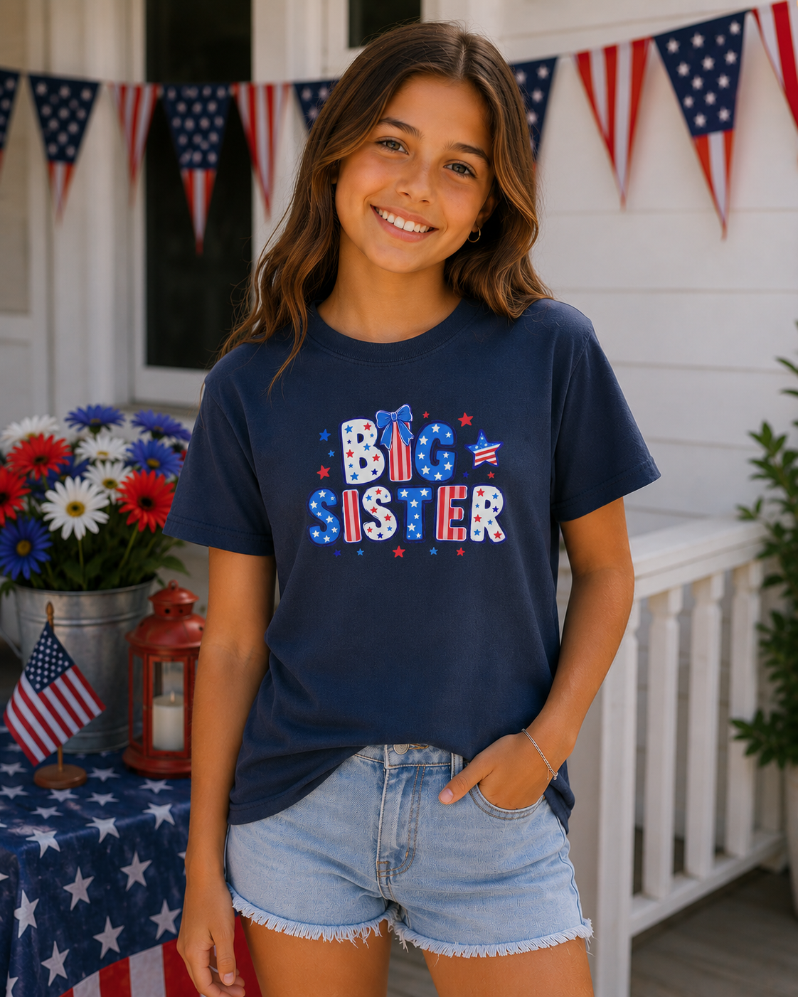 Older girl wearing a navy Bella + Canvas youth t-shirt featuring a patriotic “Big Sister” graphic with red, white, and blue lettering, stars, and bow accents, styled for Fourth of July celebrations.