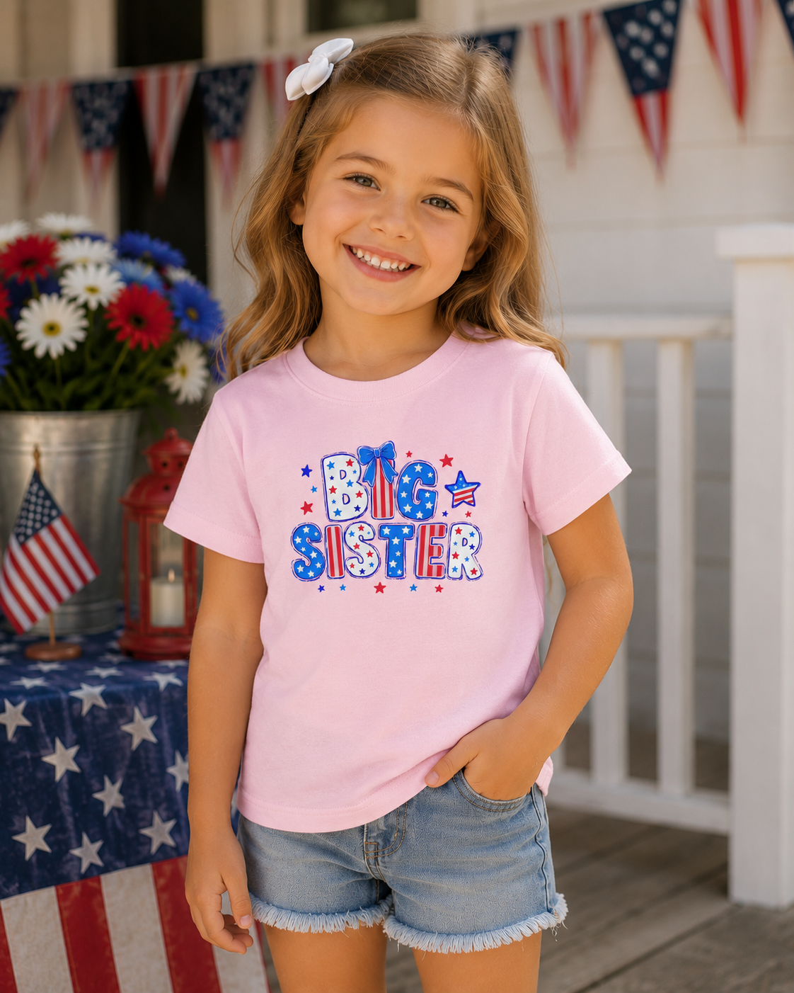 Young girl wearing a soft pink Bella + Canvas youth t-shirt featuring a patriotic “Big Sister” graphic with red, white, and blue striped lettering, stars, and a blue bow accent in a festive Fourth of July style.