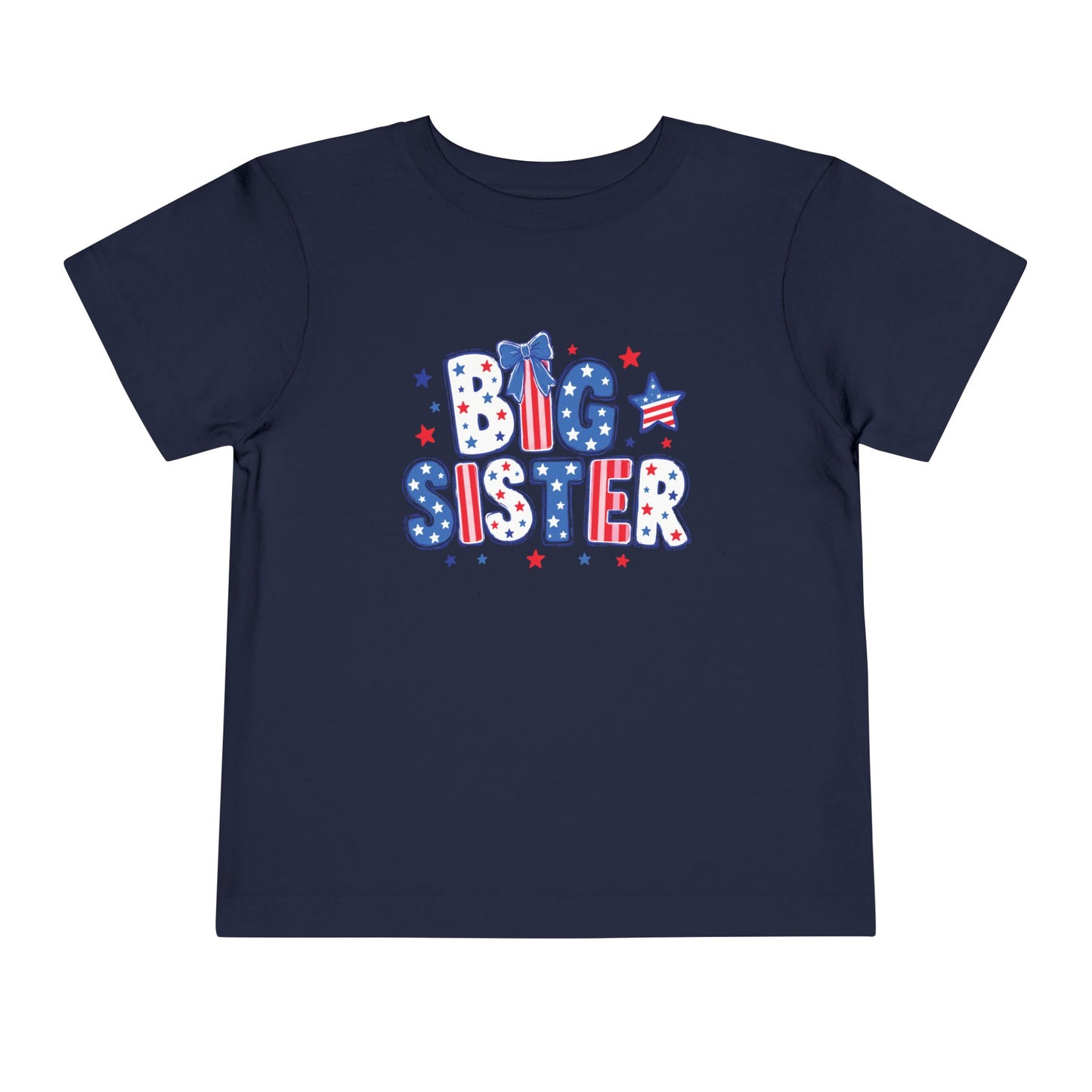 Navy Bella + Canvas toddler t-shirt featuring a patriotic “Big Sister” graphic in red, white, and blue with stars, striped lettering, and bow detail for Fourth of July sibling outfits.