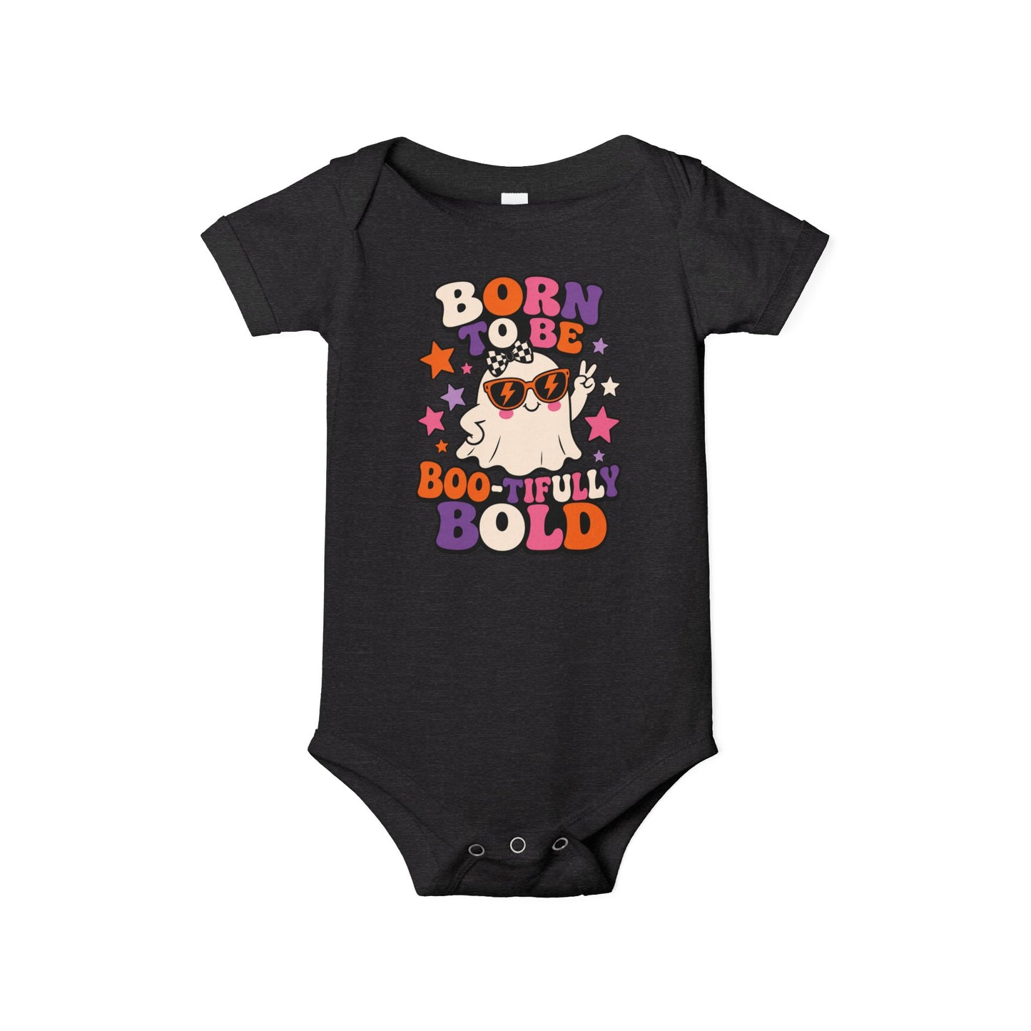 Dark grey heather baby one piece featuring a peace-sign ghost in orange sunglasses, retro stars, and the phrase “Born to Be Boo-tifully Bold.”