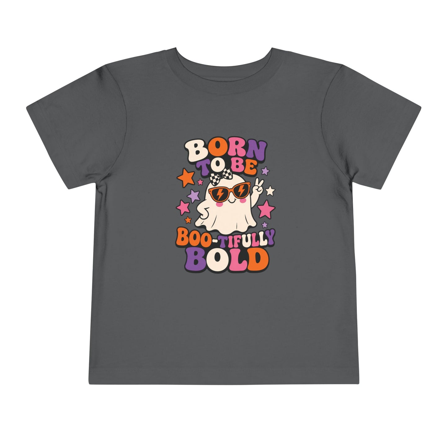 Asphalt grey youth T-shirt featuring a playful ghost in orange sunglasses, colorful stars, and the phrase “Born to Be Boo-tifully Bold.”