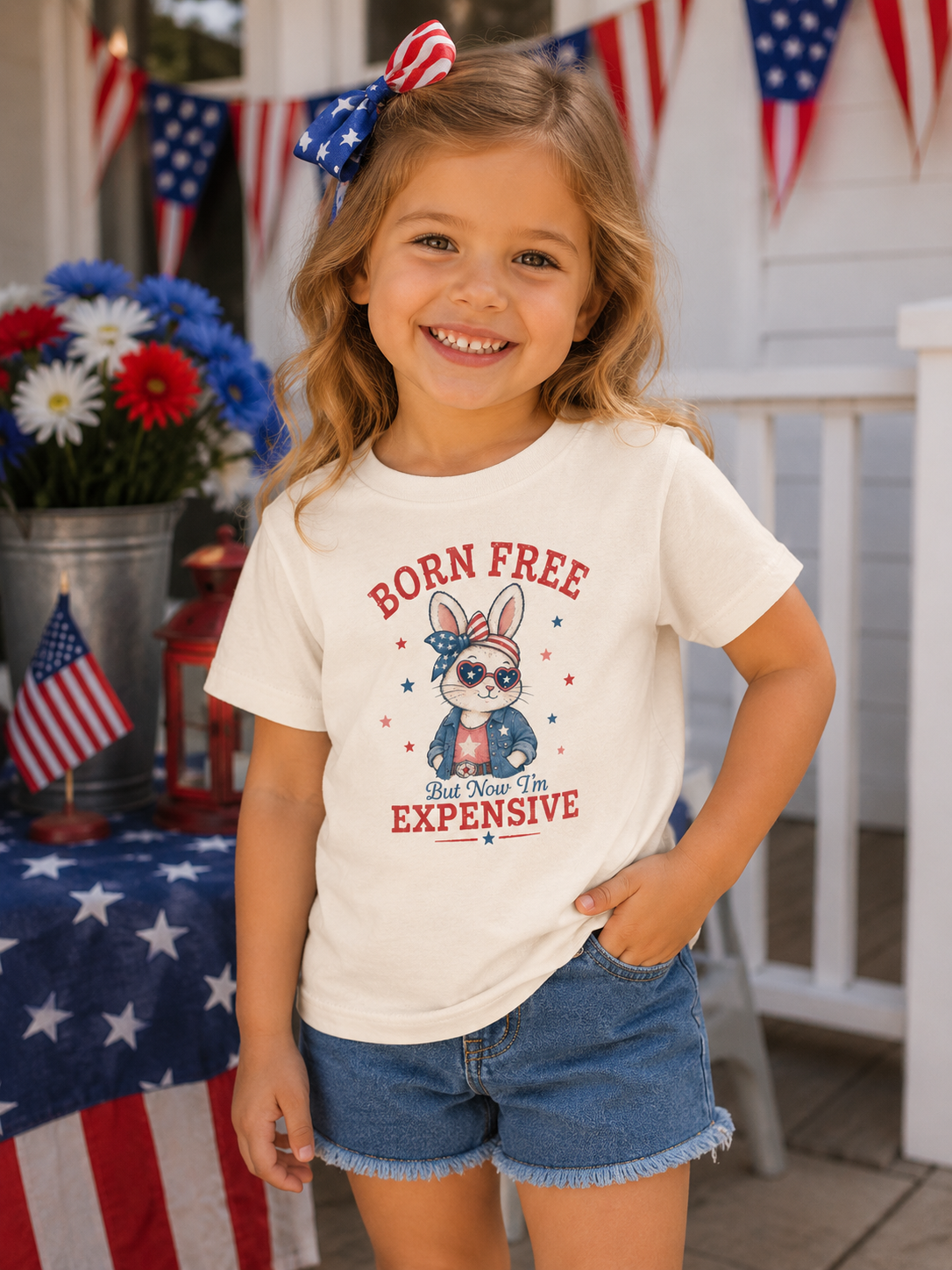 Young girl wearing a natural Bella + Canvas youth t-shirt featuring a patriotic bunny graphic with heart sunglasses, stars and stripes bow, denim jacket, and the phrase “Born Free But Now I’m Expensive” in vintage red and blue lettering.