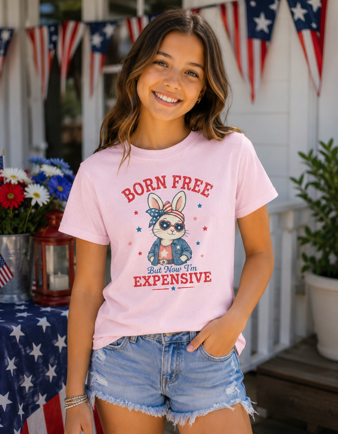 Young girl wearing a soft pink Bella + Canvas youth t-shirt featuring a patriotic bunny graphic with heart sunglasses, stars and stripes bow, denim jacket, and the phrase “Born Free But Now I’m Expensive” in vintage red and blue lettering.