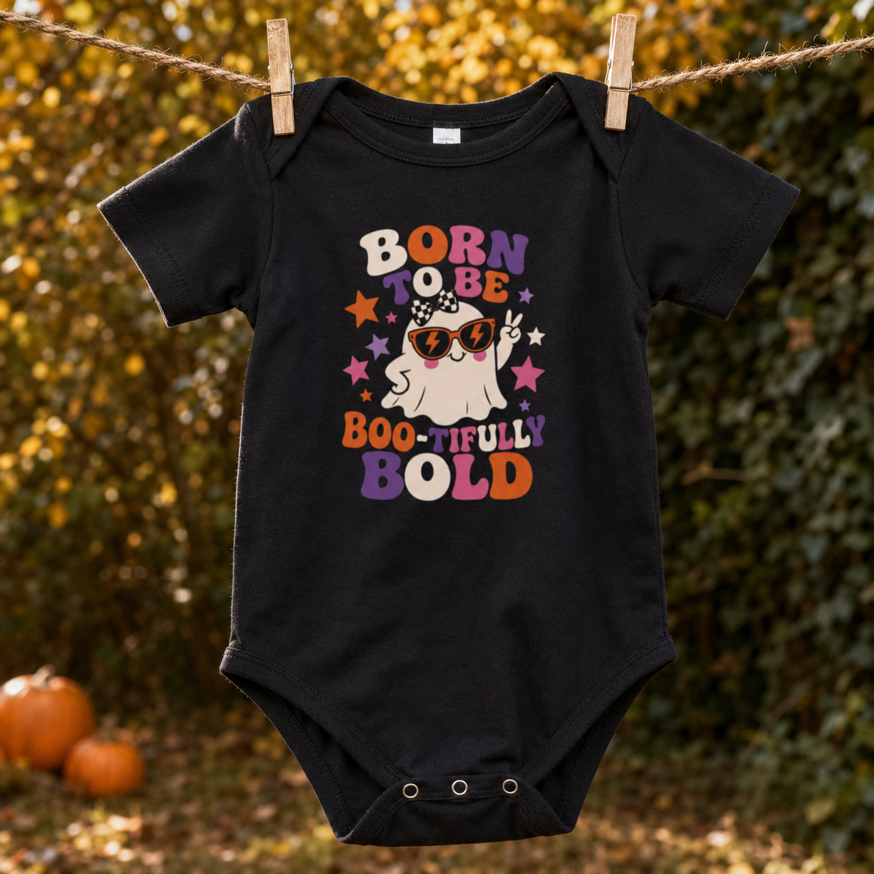Dark grey heather baby one piece featuring a peace-sign ghost wearing orange sunglasses, colorful stars, and the phrase “Born to Be Boo-tifully Bold.”