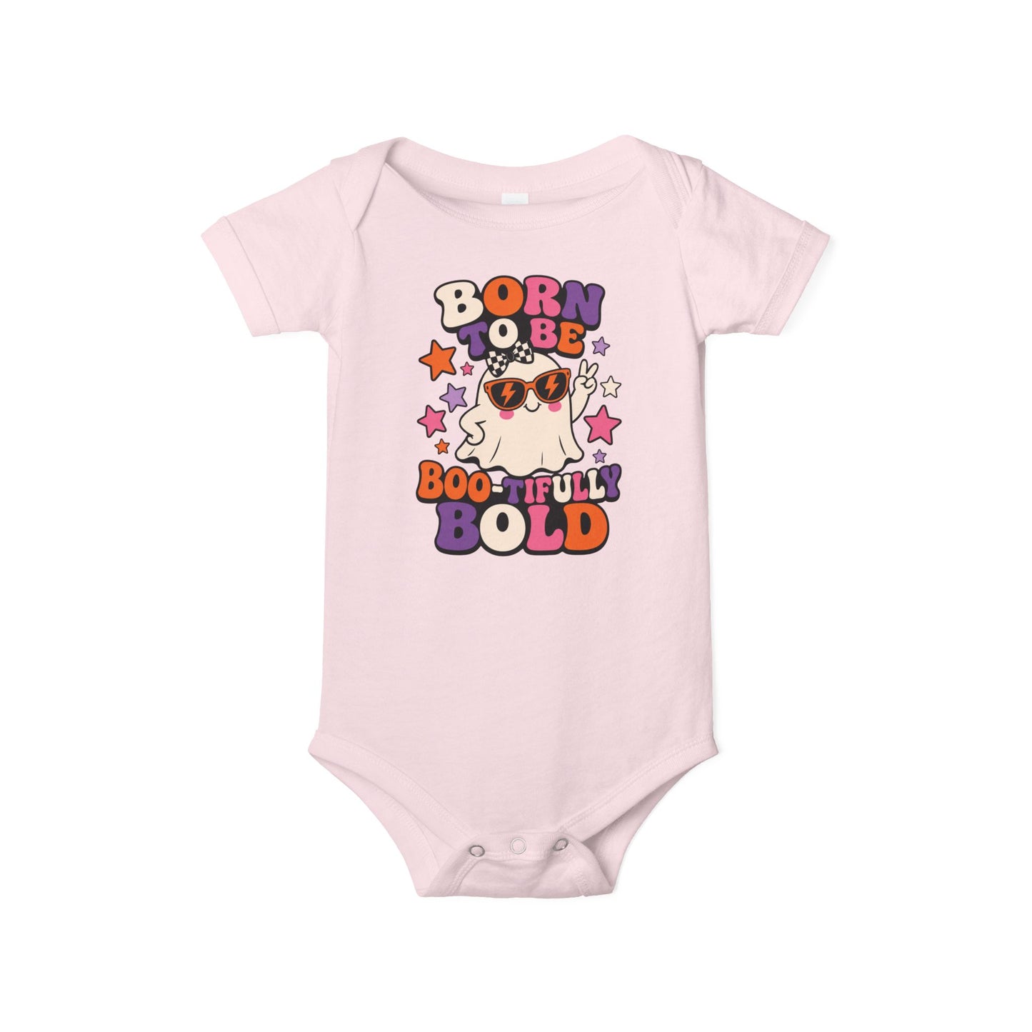 Pink color baby one piece featuring a playful ghost wearing orange sunglasses, colorful stars, and the phrase “Born to Be Boo-tifully Bold.”
