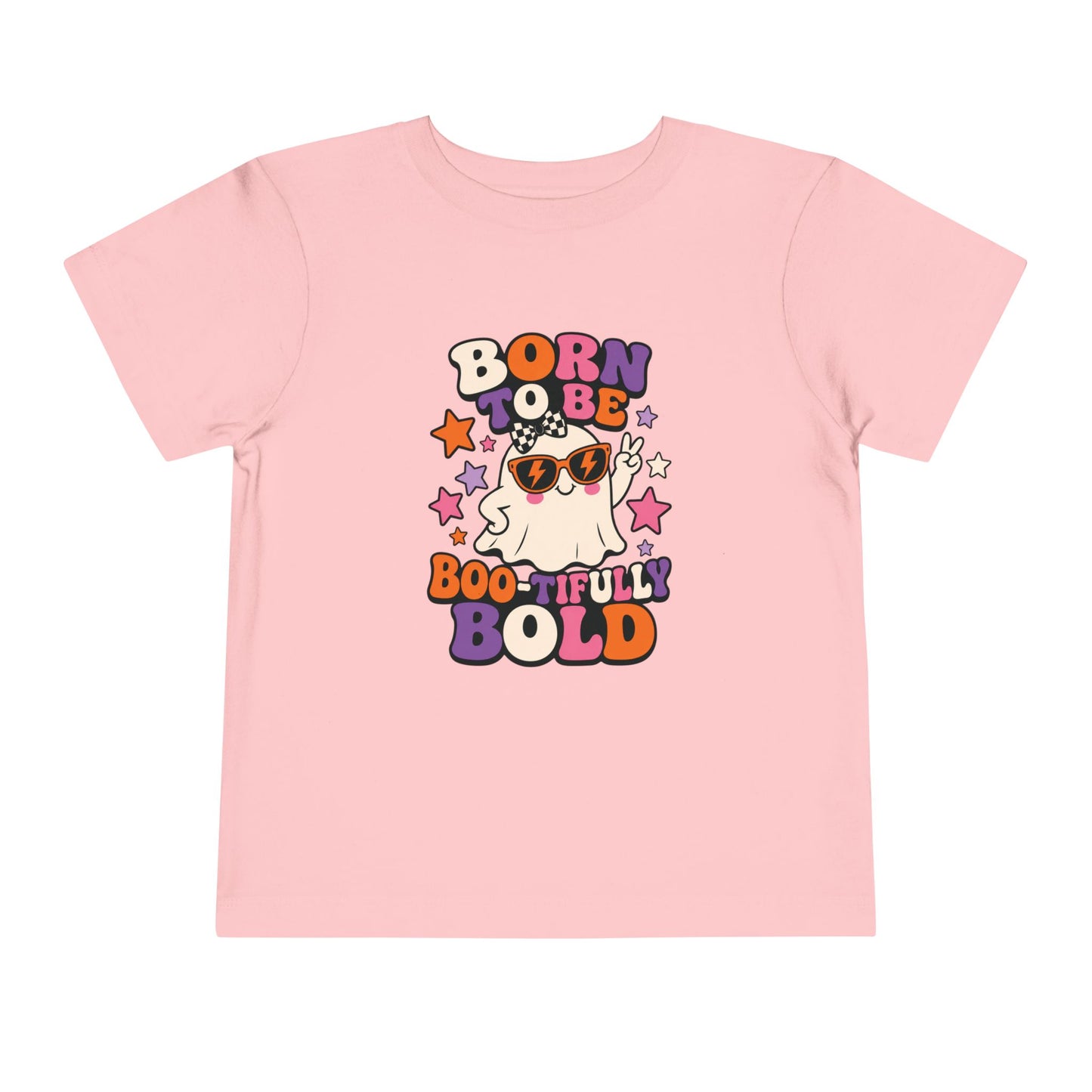 Pink color youth T-shirt featuring a sunglasses-wearing ghost, colorful stars, and the phrase “Born to Be Boo-tifully Bold.”