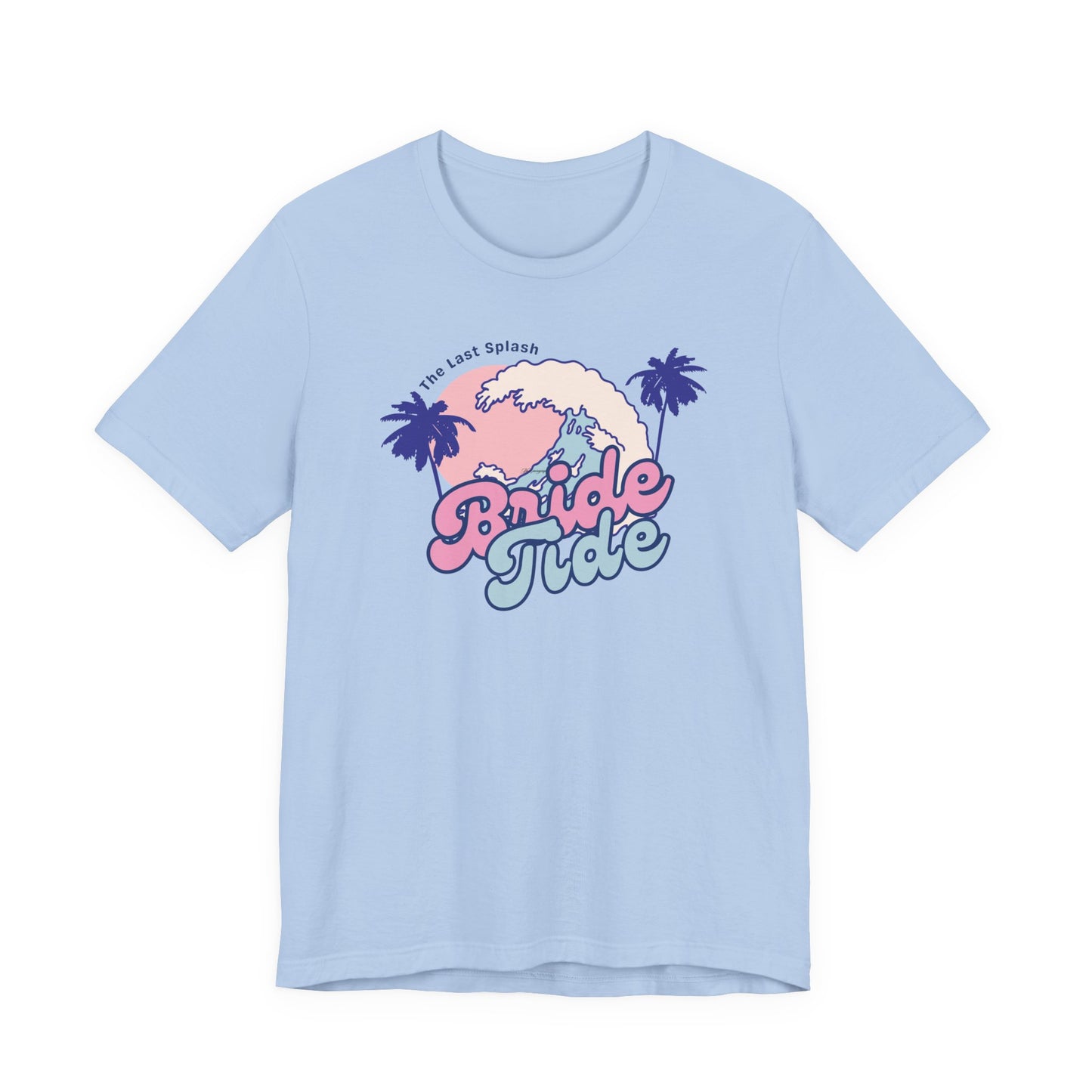 Bella + Canvas 3001 t-shirt in baby blue featuring a retro beach bachelorette design with pink and blue “Bride Tribe” lettering, palm trees, ocean waves, and tropical sunset artwork for a fun beach bachelorette weekend.