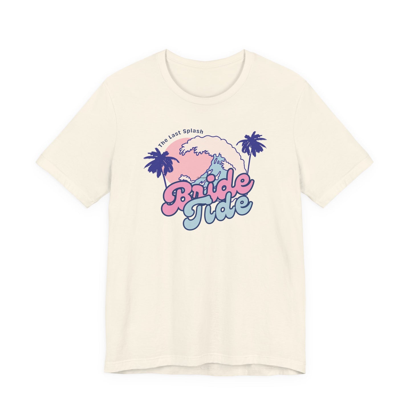 Bella + Canvas 3001 t-shirt in natural featuring a retro beach bachelorette design with pink and blue “Bride Tribe” lettering, palm trees, ocean waves, and tropical sunset artwork for a beach bachelorette party or bridal trip.
