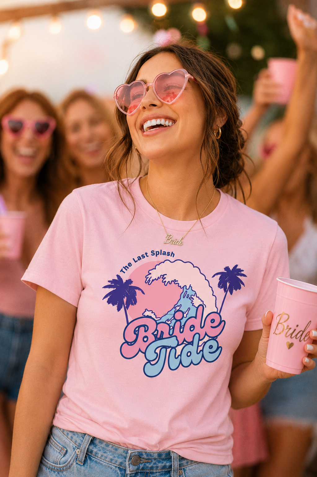 Woman wearing a Bella + Canvas 3001 t-shirt in soft pink featuring a retro beach bachelorette design with palm trees, ocean waves, sunset artwork, and “Bride Tribe” wording in pink and blue tropical lettering during a bachelorette party celebration.