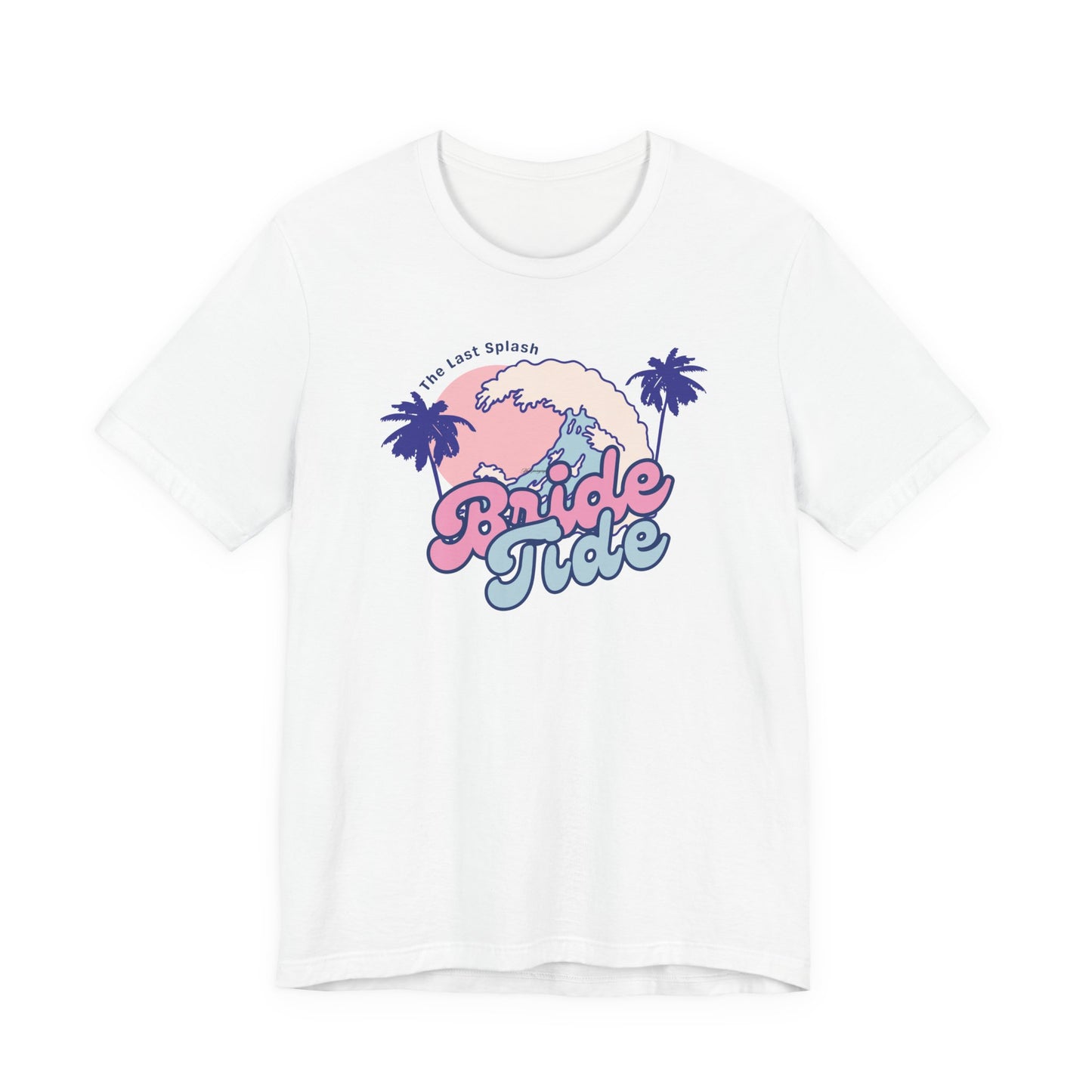 Bella + Canvas 3001 t-shirt in white featuring a retro beach bachelorette design with pink and blue “Bride Tribe” lettering, palm trees, ocean waves, and tropical sunset artwork for a bridal beach trip or bachelorette party.