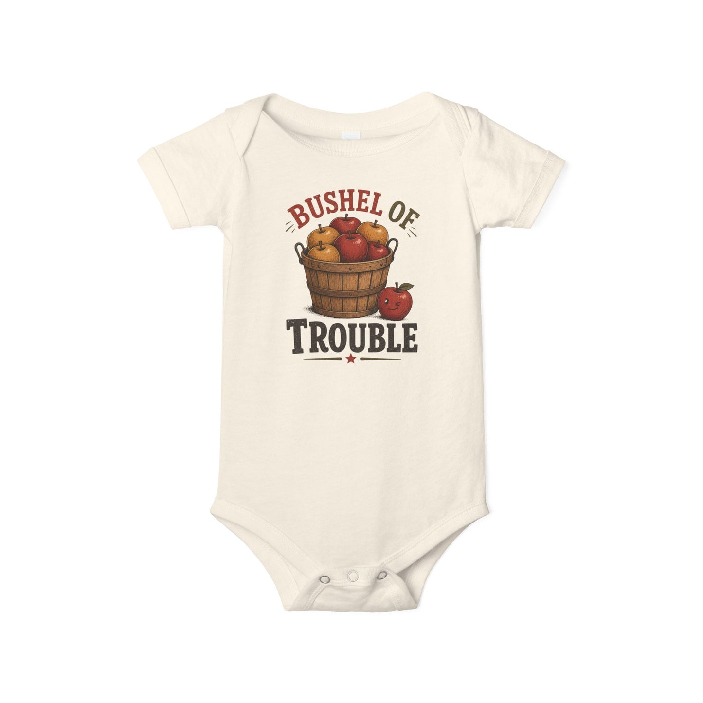 Natural baby one piece featuring a vintage basket of apples and the playful phrase “Bushel of Trouble.”