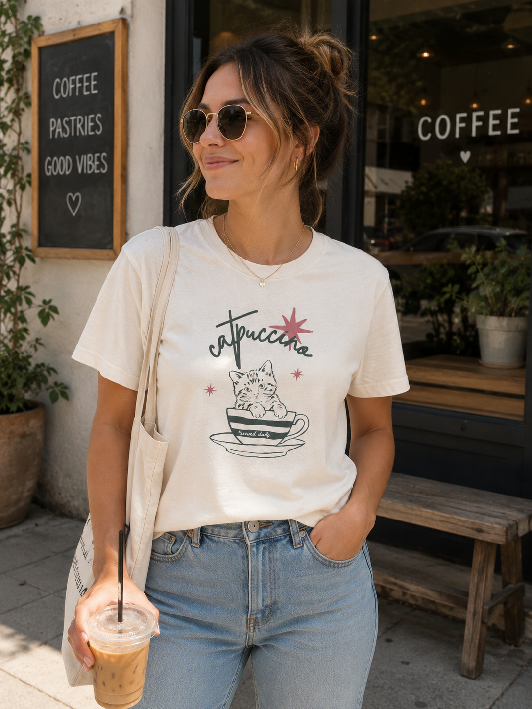 Woman wearing an ivory Comfort Colors 1717 t-shirt featuring a retro-inspired “Catuccine” cat coffee graphic while standing outside a cozy coffee shop with an iced coffee in hand.