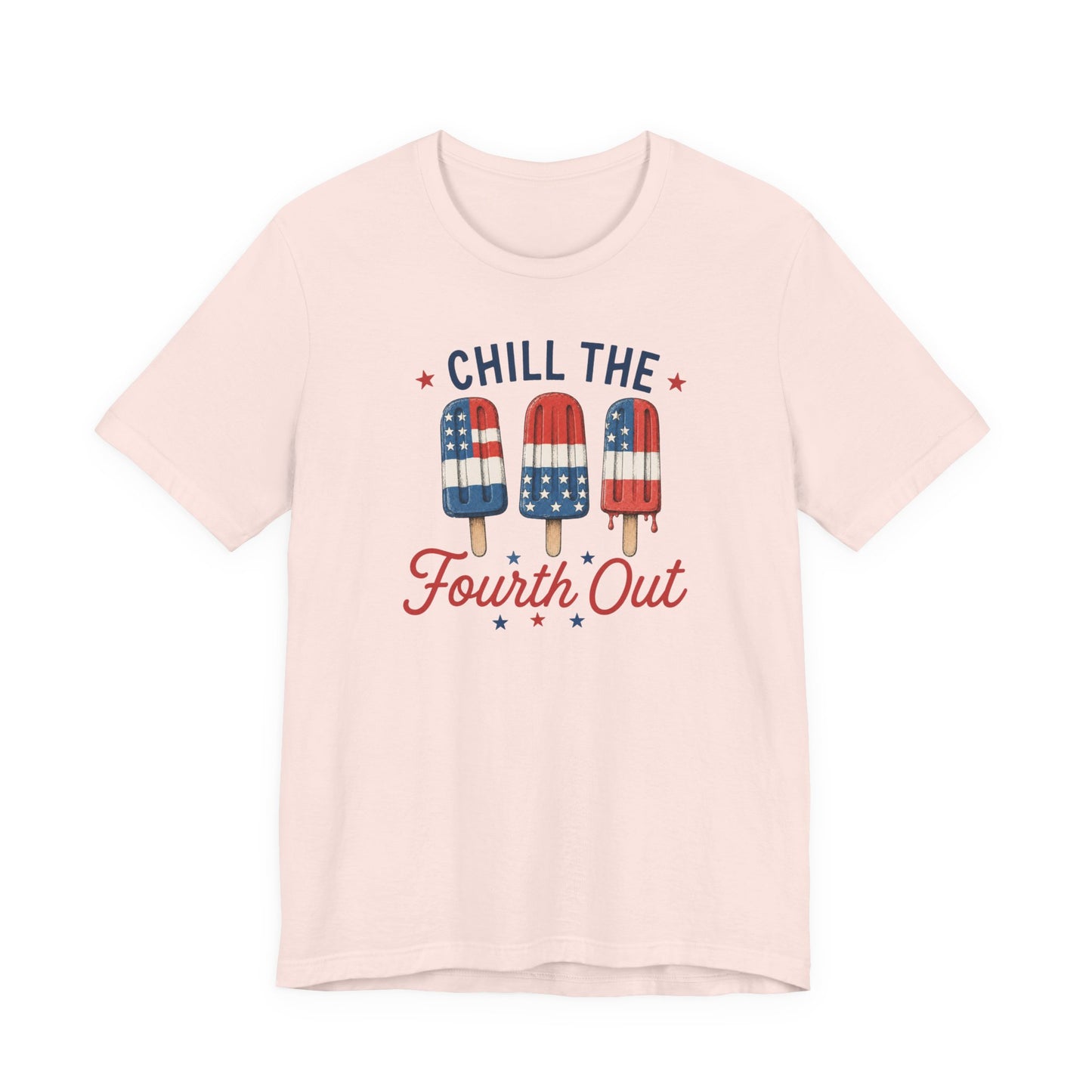 Adult Bella + Canvas light pink t-shirt featuring a patriotic “Chill the Fourth Out” graphic with red, white, and blue popsicles decorated in American flag patterns and festive Fourth of July stars.