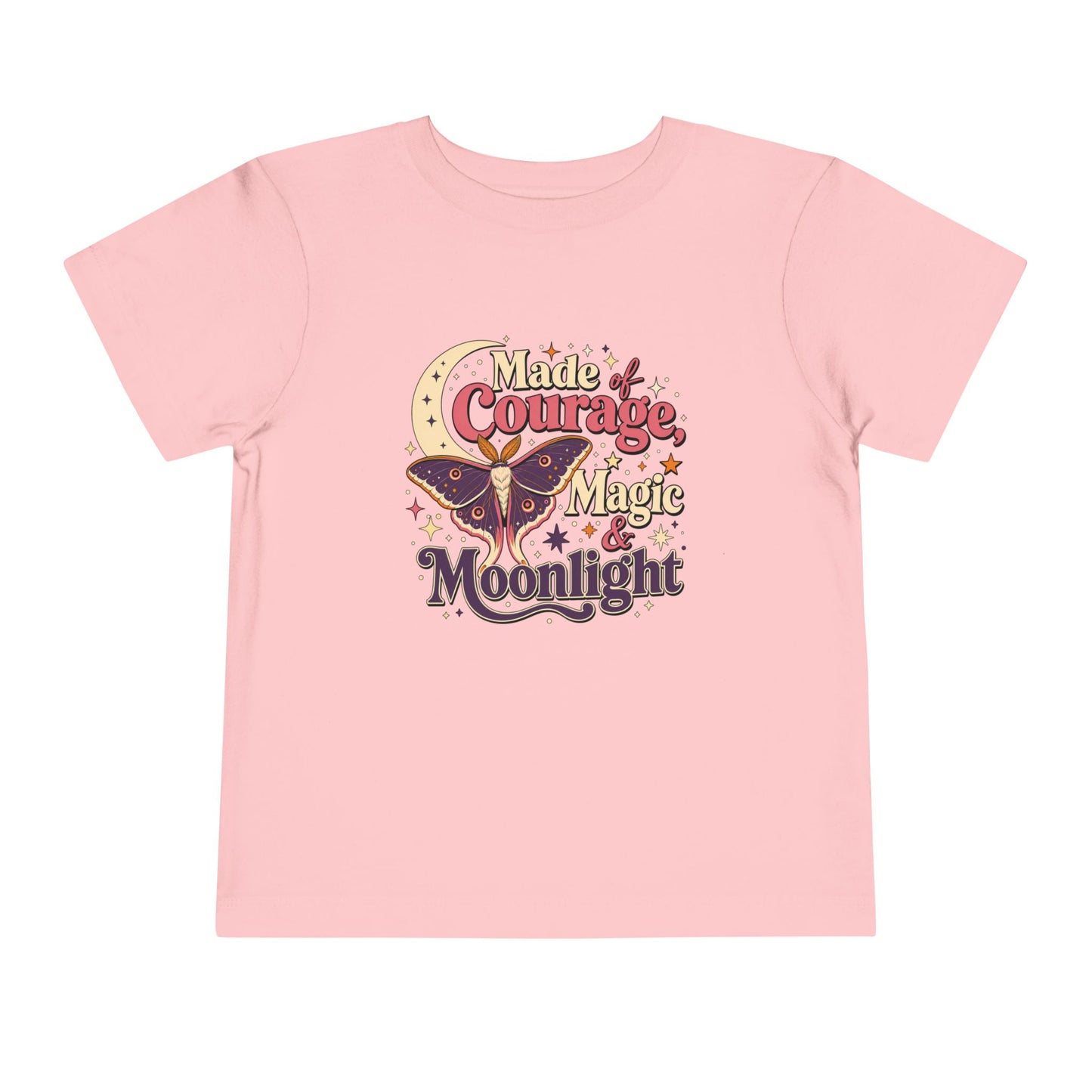Pink toddler T-shirt featuring a purple and pink moth beneath a crescent moon with colorful celestial stars and empowering lettering.