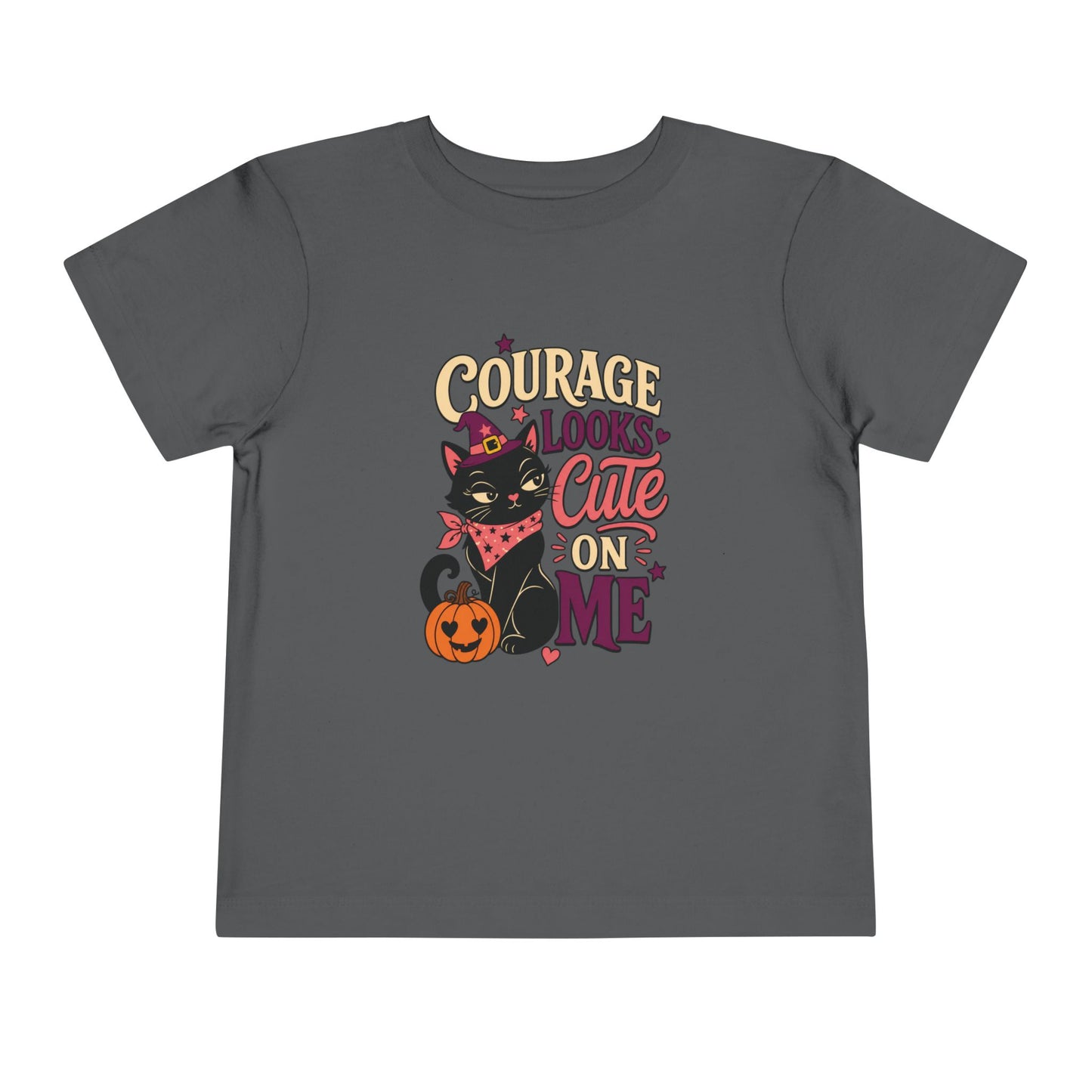 Asphalt grey toddler T-shirt featuring a stylish black cat wearing a witch hat and bandana beside a cheerful orange jack-o’-lantern.