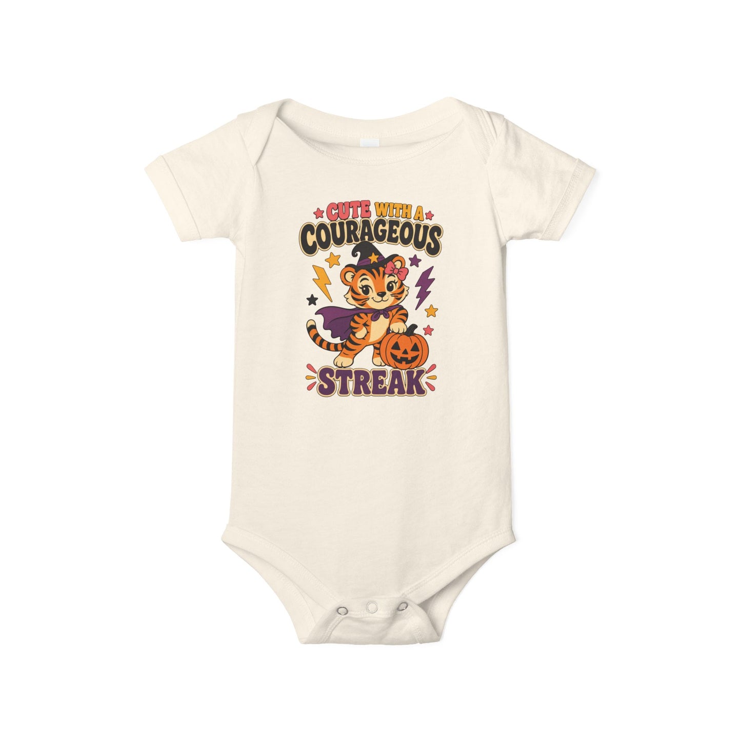 Natural color baby one piece featuring a costumed tiger, purple cape, pumpkin, lightning bolts, and the phrase “Cute With a Courageous Streak.”