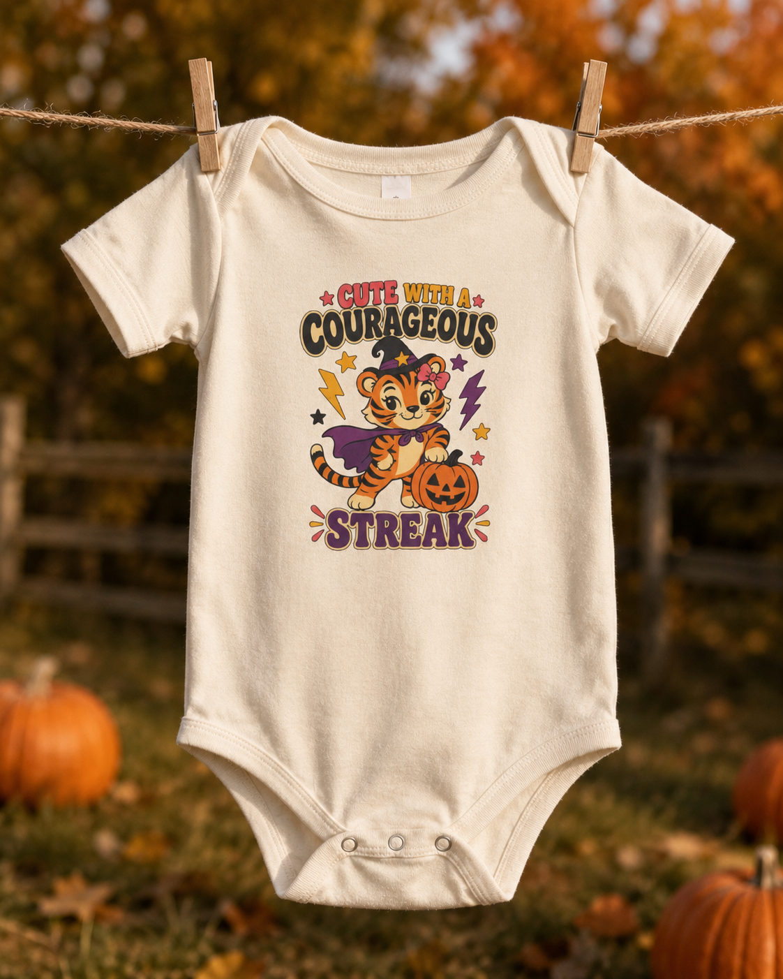 Natural baby one piece featuring a tiger dressed as a witch, a jack-o’-lantern, colorful stars, and the phrase “Cute With a Courageous Streak,” displayed outdoors with pumpkins.