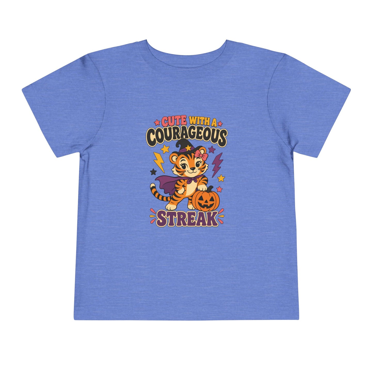 Heather Columbia blue toddler T-shirt featuring a witchy tiger with a pumpkin, purple cape, colorful stars, and the phrase “Cute With a Courageous Streak.”