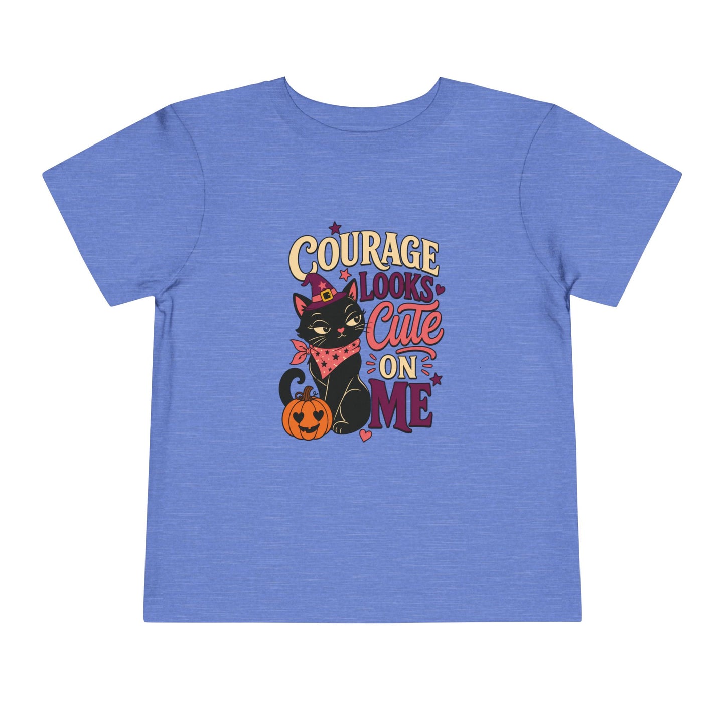 Heather Columbia blue toddler T-shirt featuring a magical black cat, Halloween pumpkin, hearts, stars, and the phrase “Courage Looks Cute on Me.”
