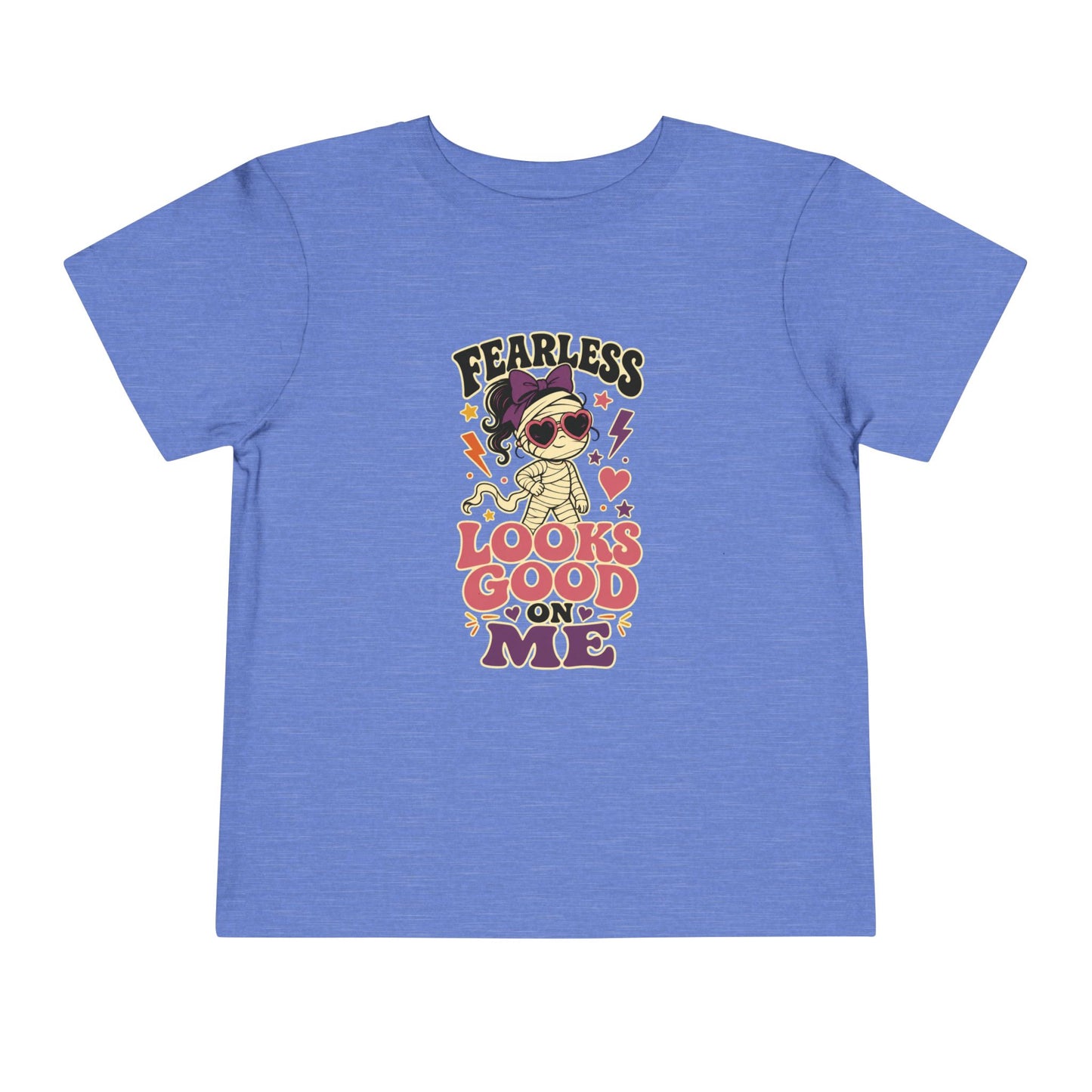 Heather Columbia blue toddler T-shirt featuring a confident mummy character with a purple bow, heart sunglasses, colorful hearts, and empowering lettering.