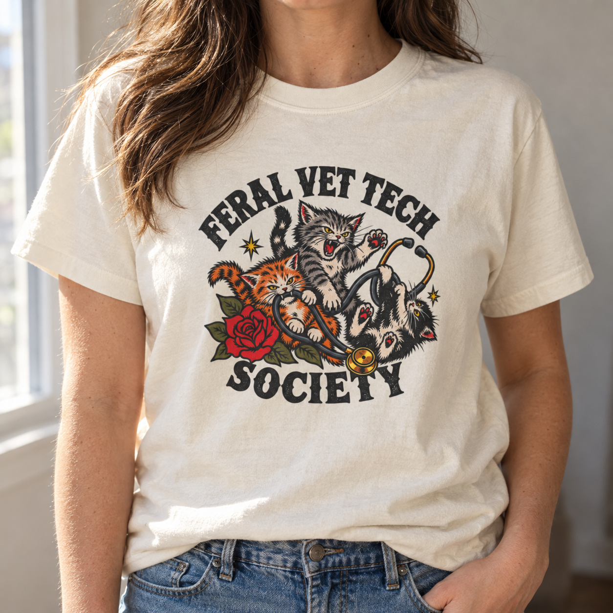 Natural classic fit tee featuring a Feral Vet Tech graphic design for veterinary technicians, vet staff, and animal care professionals.