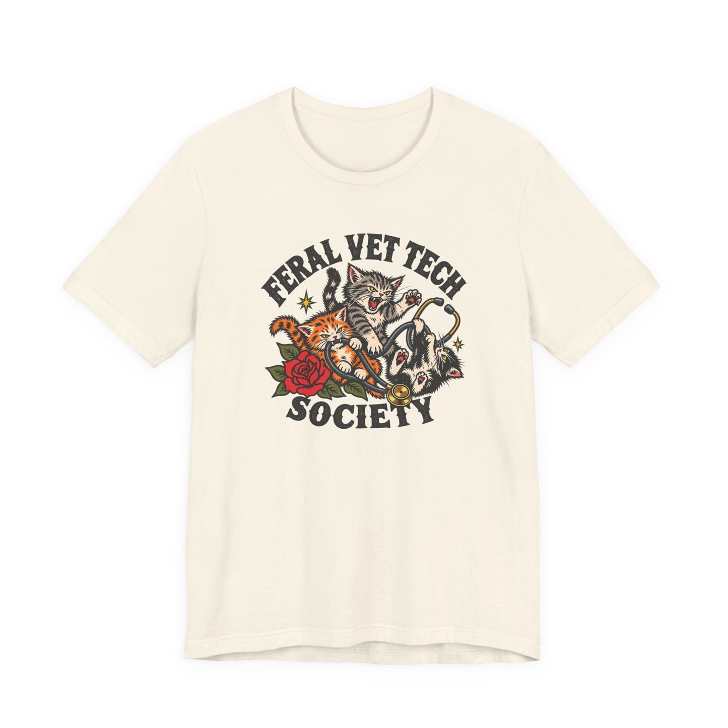 Natural classic fit tee featuring a Feral Vet Tech Society design with three wild cats, a stethoscope, red rose, leaves, and star accents.