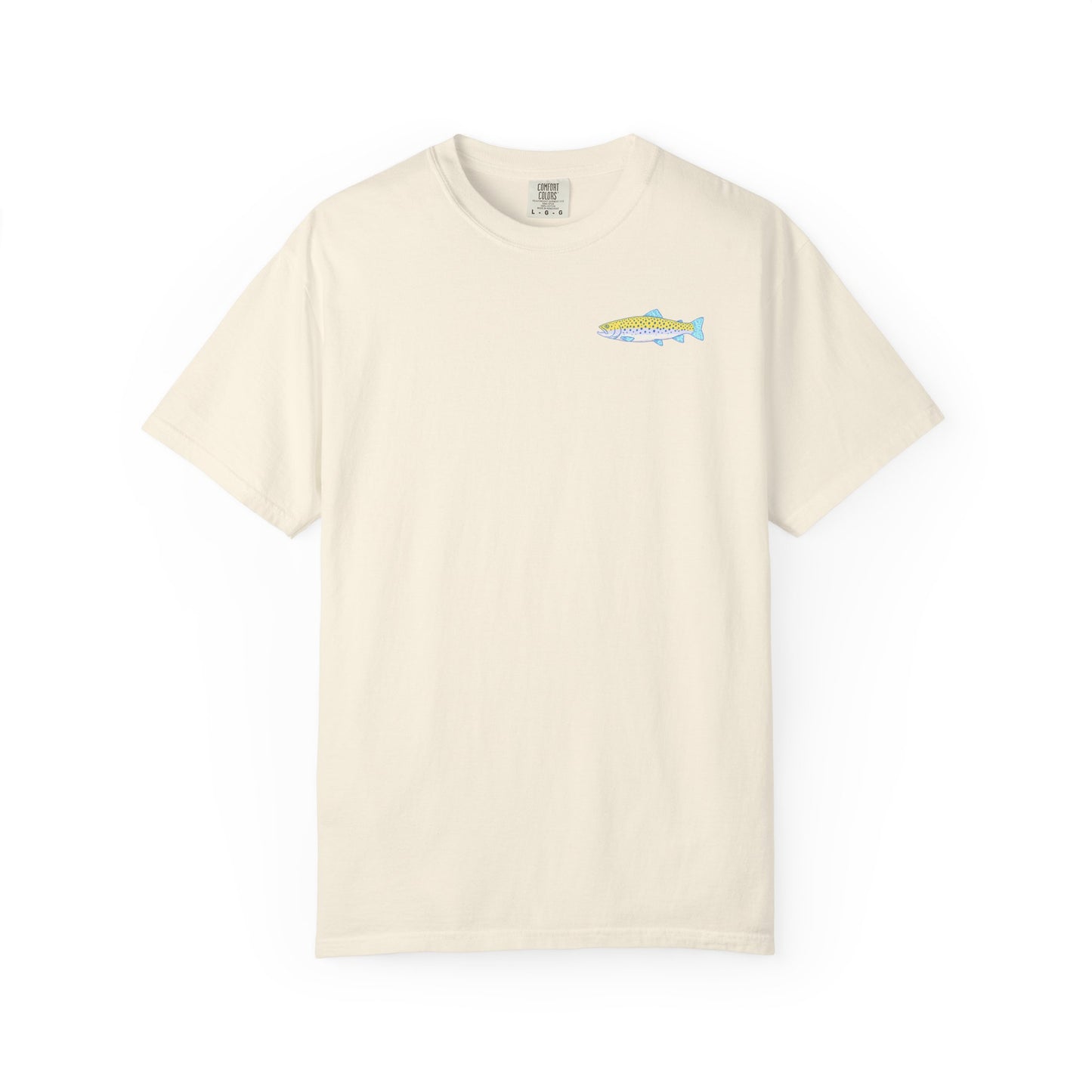 Ivory Comfort Colors 1717 t-shirt featuring a colorful back graphic with three illustrated trout, pink striped background accents, and the phrase “Fish Around and Find Trout.”