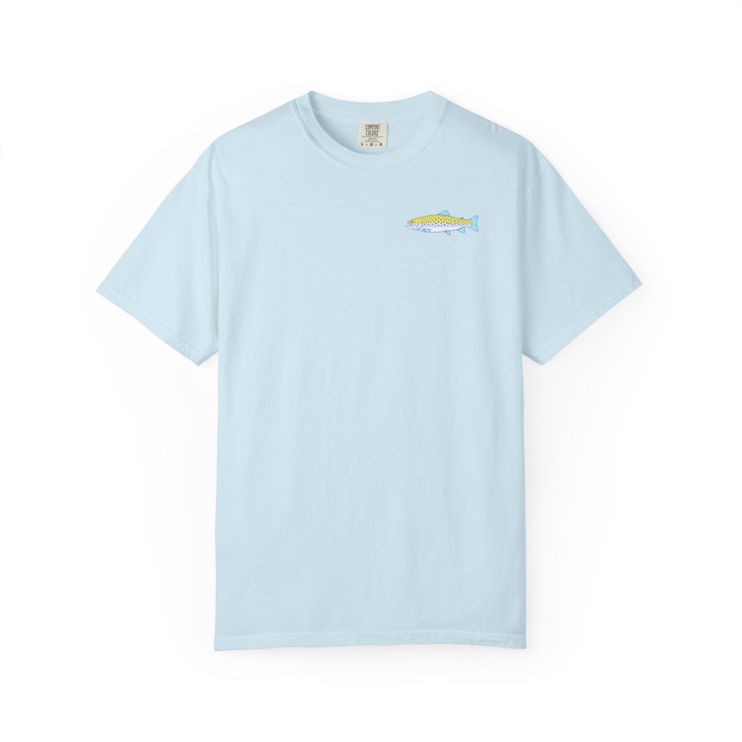 Chambray blue Comfort Colors 1717 t-shirt featuring a small colorful trout graphic printed on the left chest pocket area for a minimalist fishing-inspired look.