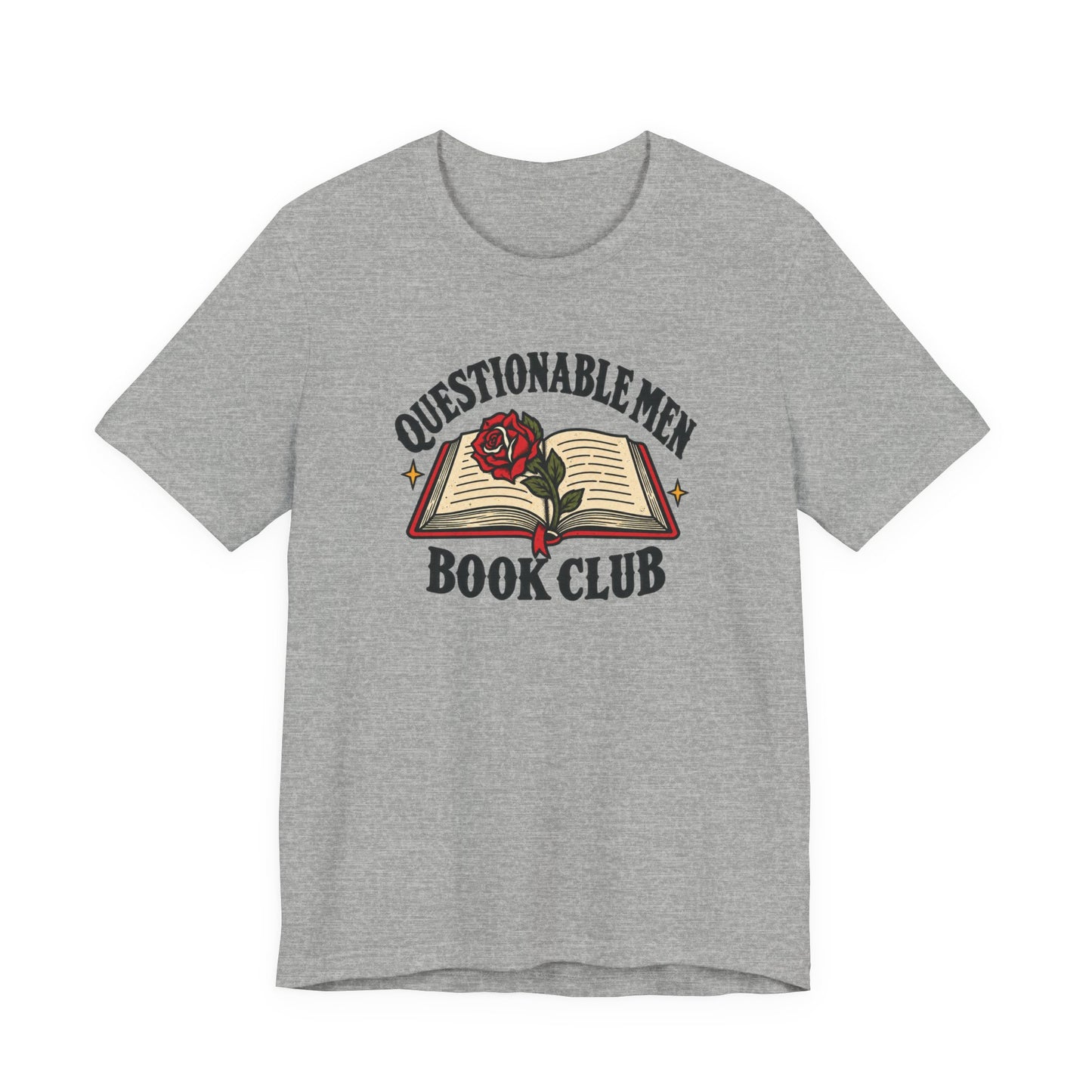 Athletic heather classic fit T-shirt with a bold Questionable Men Book Club graphic featuring an open book and red rose artwork.