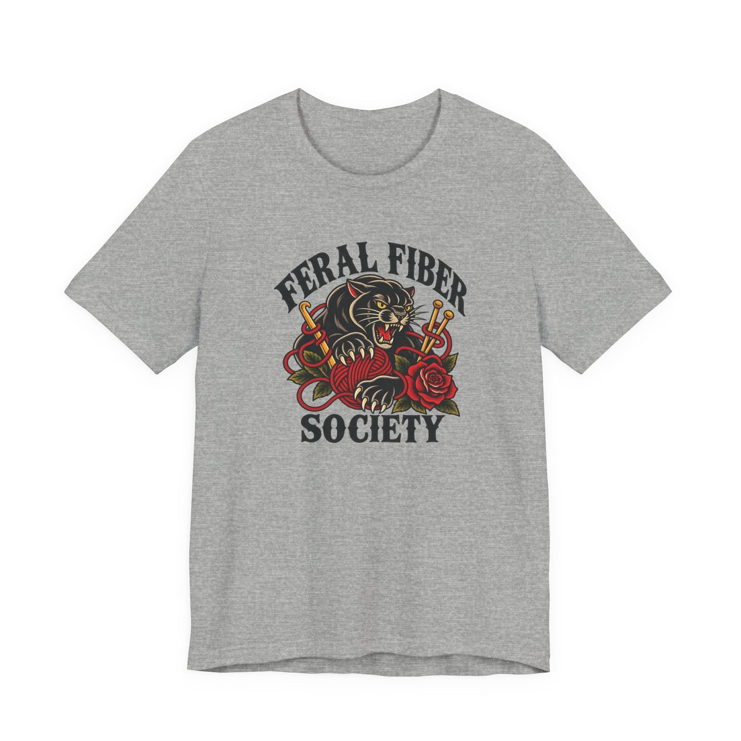 Athletic heather classic fit T-shirt with a bold Feral Fiber Society graphic featuring a fierce cat wrapped with yarn and craft details.