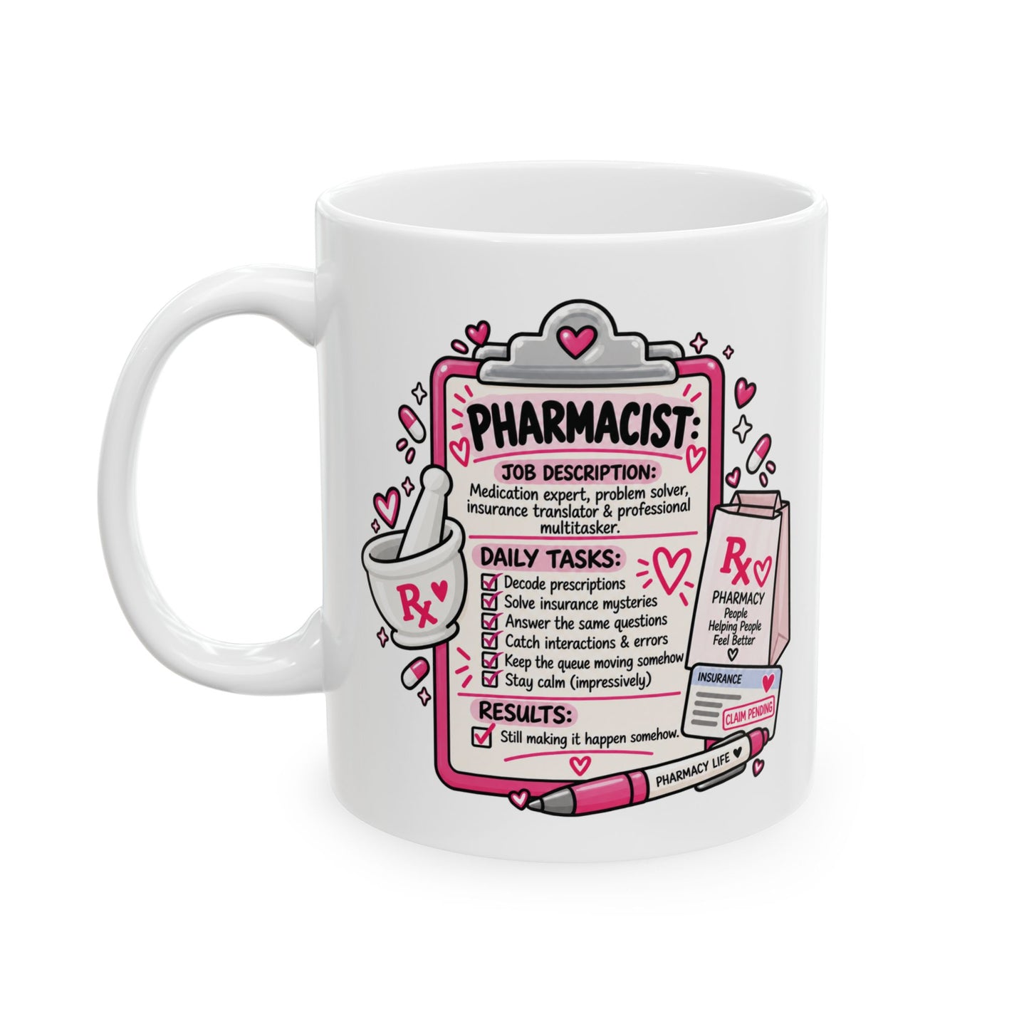 A white ceramic mug with a pink and black cartoon-style graphic titled 'PHARMACIST' showing job description, daily tasks, and results, photographed on a plain white background.