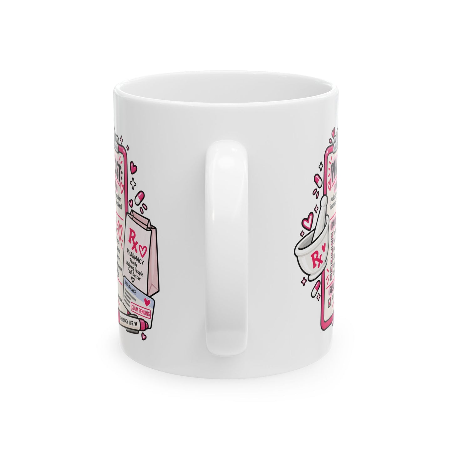 A white ceramic mug with a side profile view, featuring a pink and black graphic design of a prescription bottle and a coffee cup with hearts.
