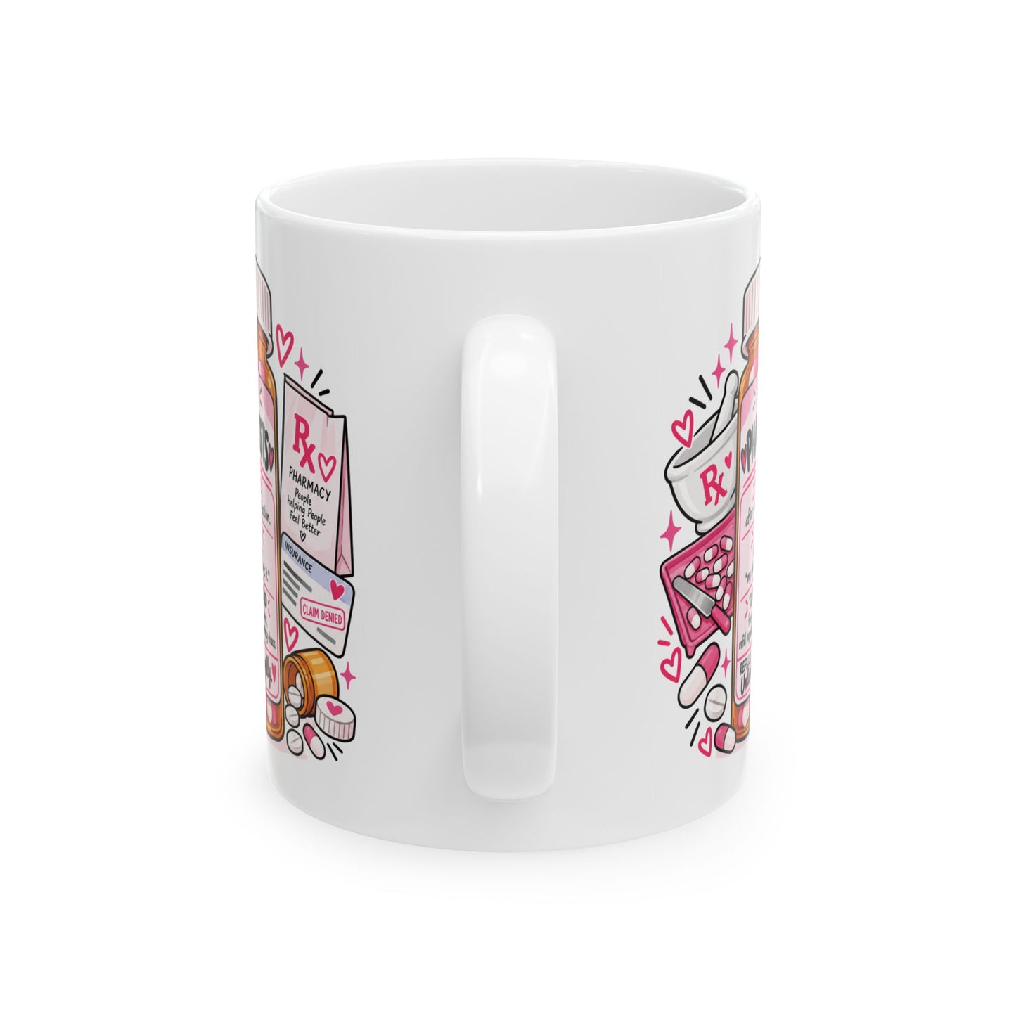 A white ceramic coffee mug with a colorful cartoon-style wraparound print featuring pink hearts, a coffee cup, a book, and small illustrated characters, shown on a clean white background.