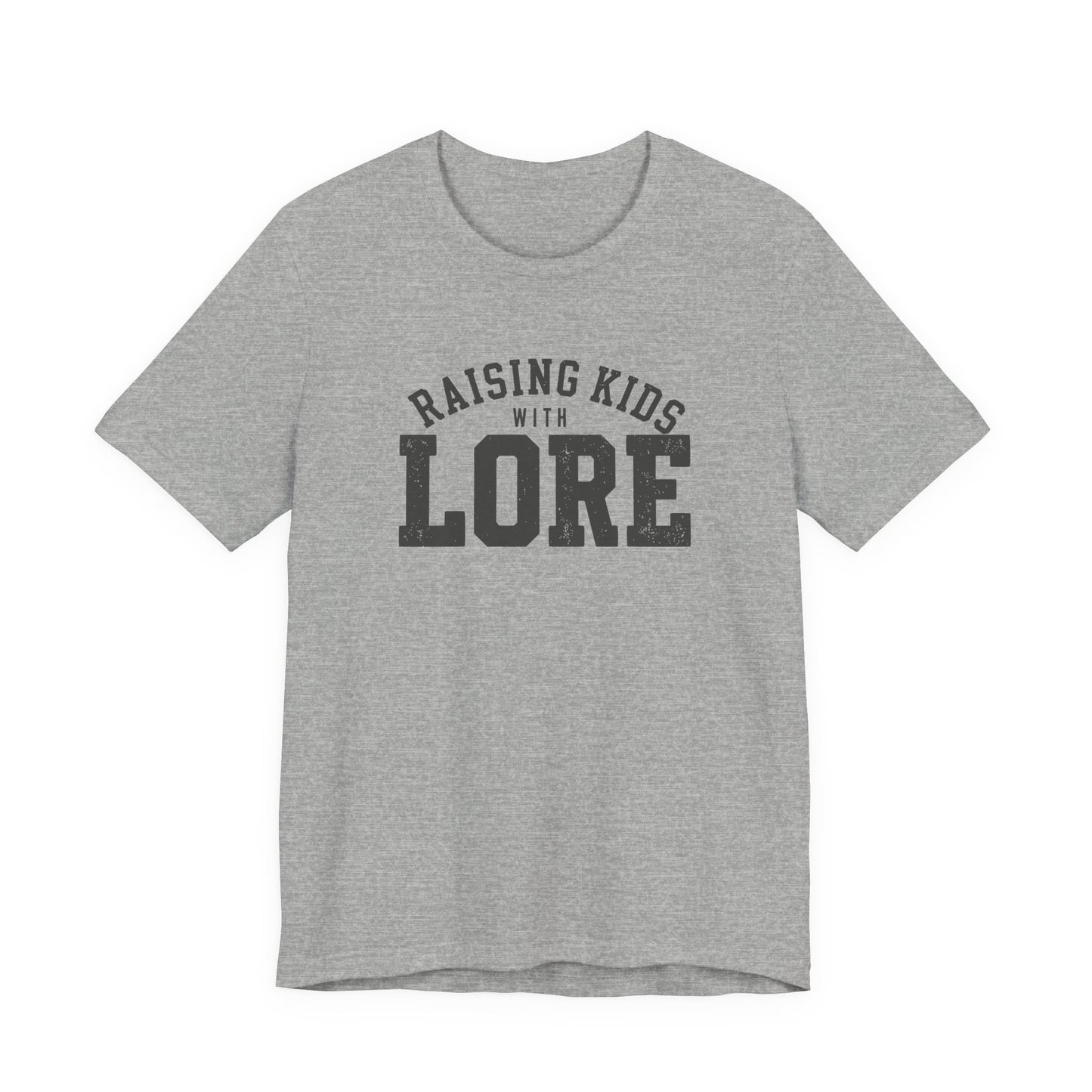 Athletic heather grey adult T-shirt featuring bold collegiate-style typography with the witty parenting phrase “Raising Kids With Lore.”