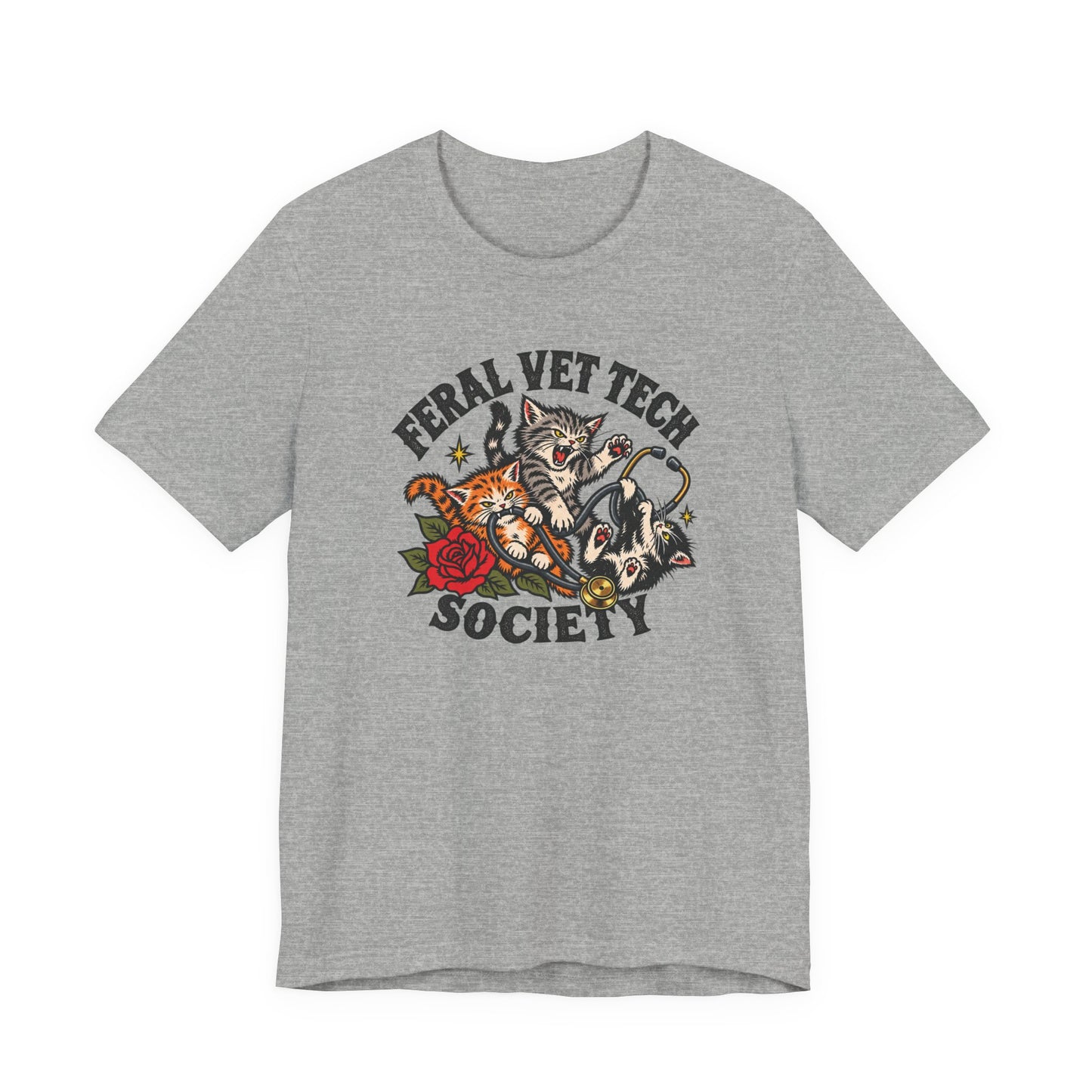 Athletic heather classic fit T-shirt with a bold Feral Vet Tech Society graphic featuring chaotic cats tangled around a stethoscope.