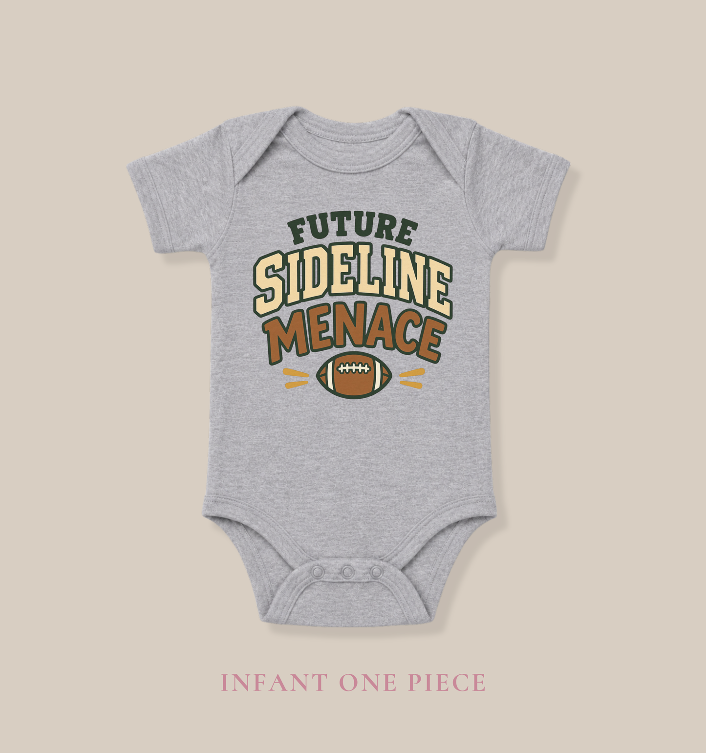 Athletic heather grey baby one piece featuring a football graphic and the playful phrase “Future Sideline Menace.”