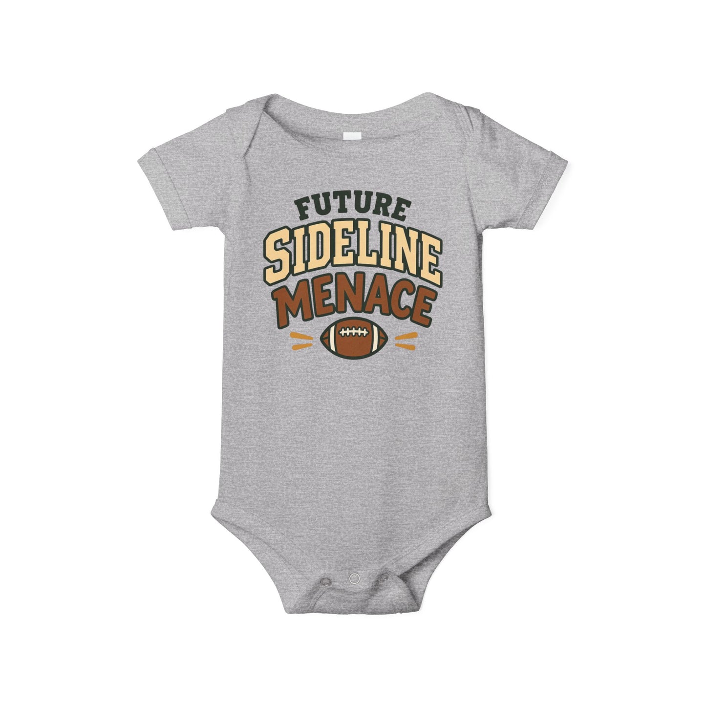 Athletic heather grey color baby one piece featuring a football graphic and the playful phrase “Future Sideline Menace.”