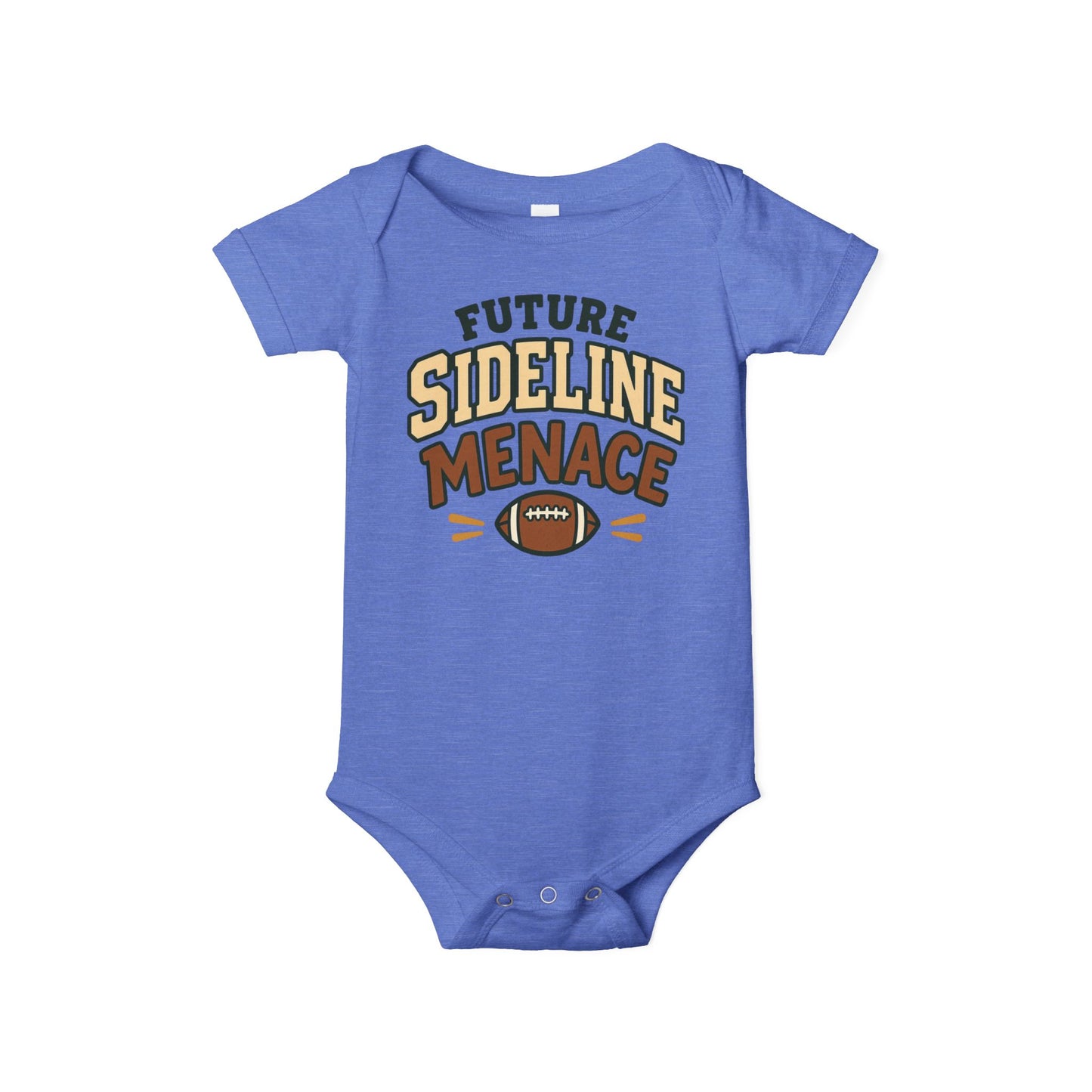 Heather Columbia blue baby one piece featuring a football graphic and the playful phrase “Future Sideline Menace.”