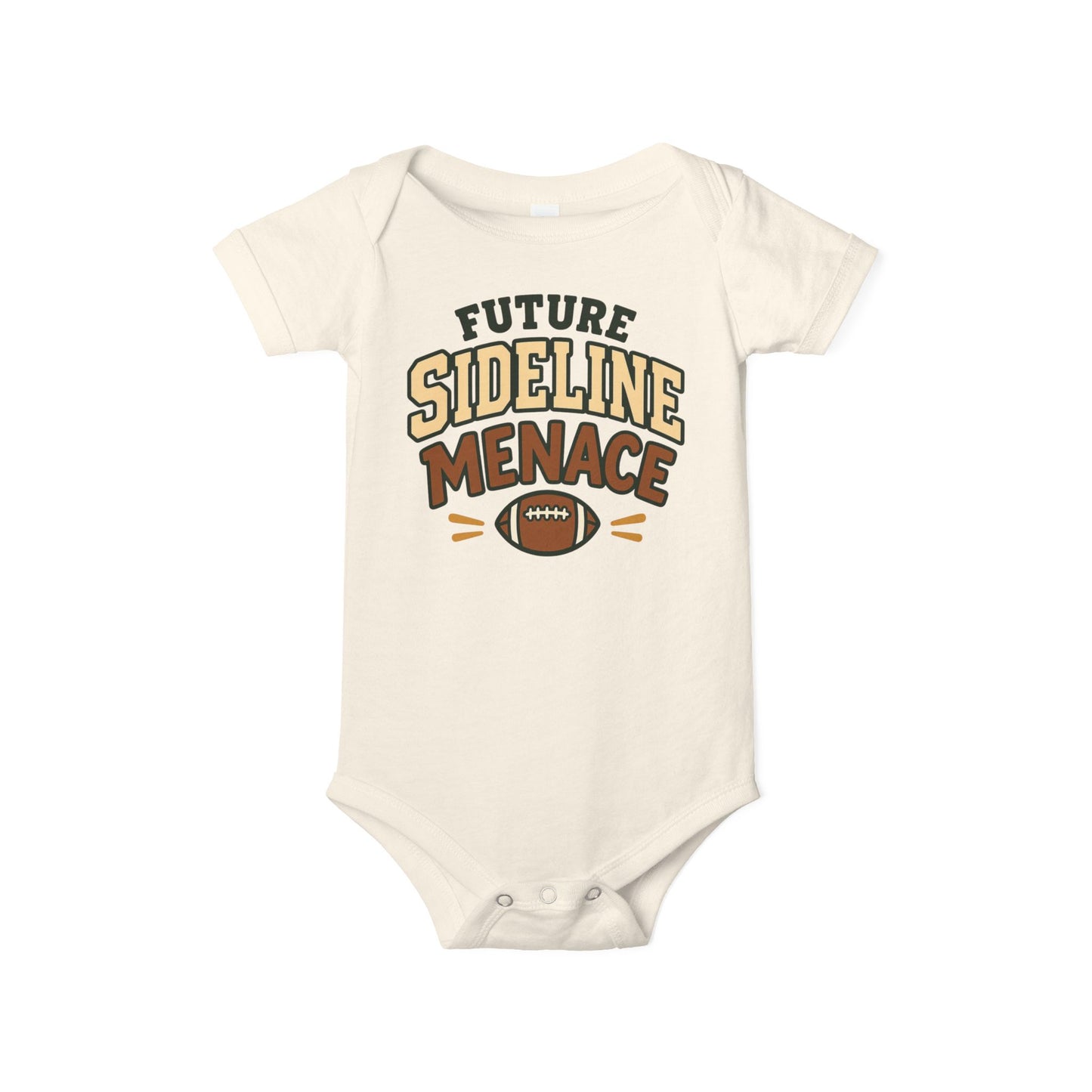 Natural baby one piece featuring a football graphic and the playful phrase “Future Sideline Menace.”