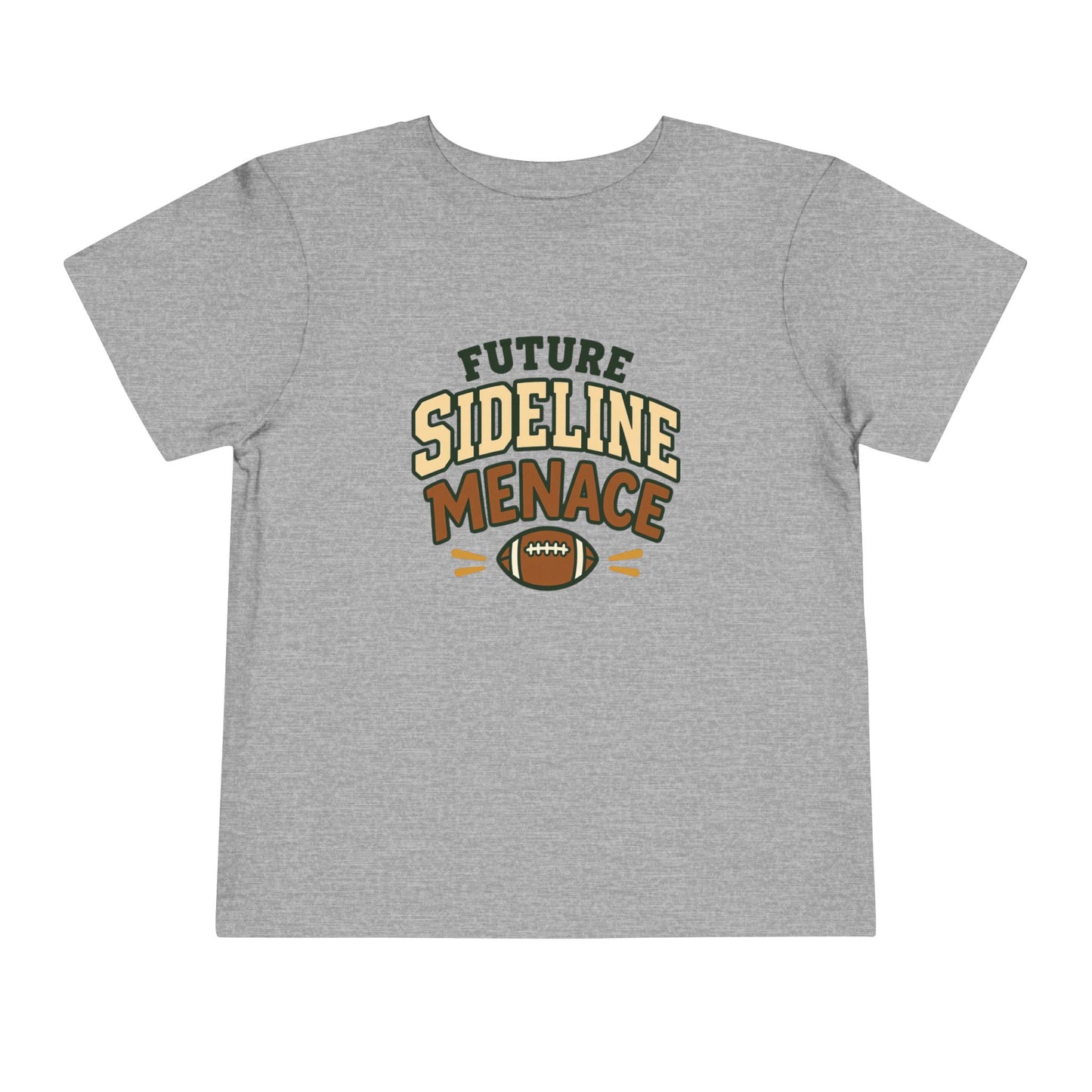Athletic heather grey toddler T-shirt featuring a football graphic and the playful phrase “Future Sideline Menace.”